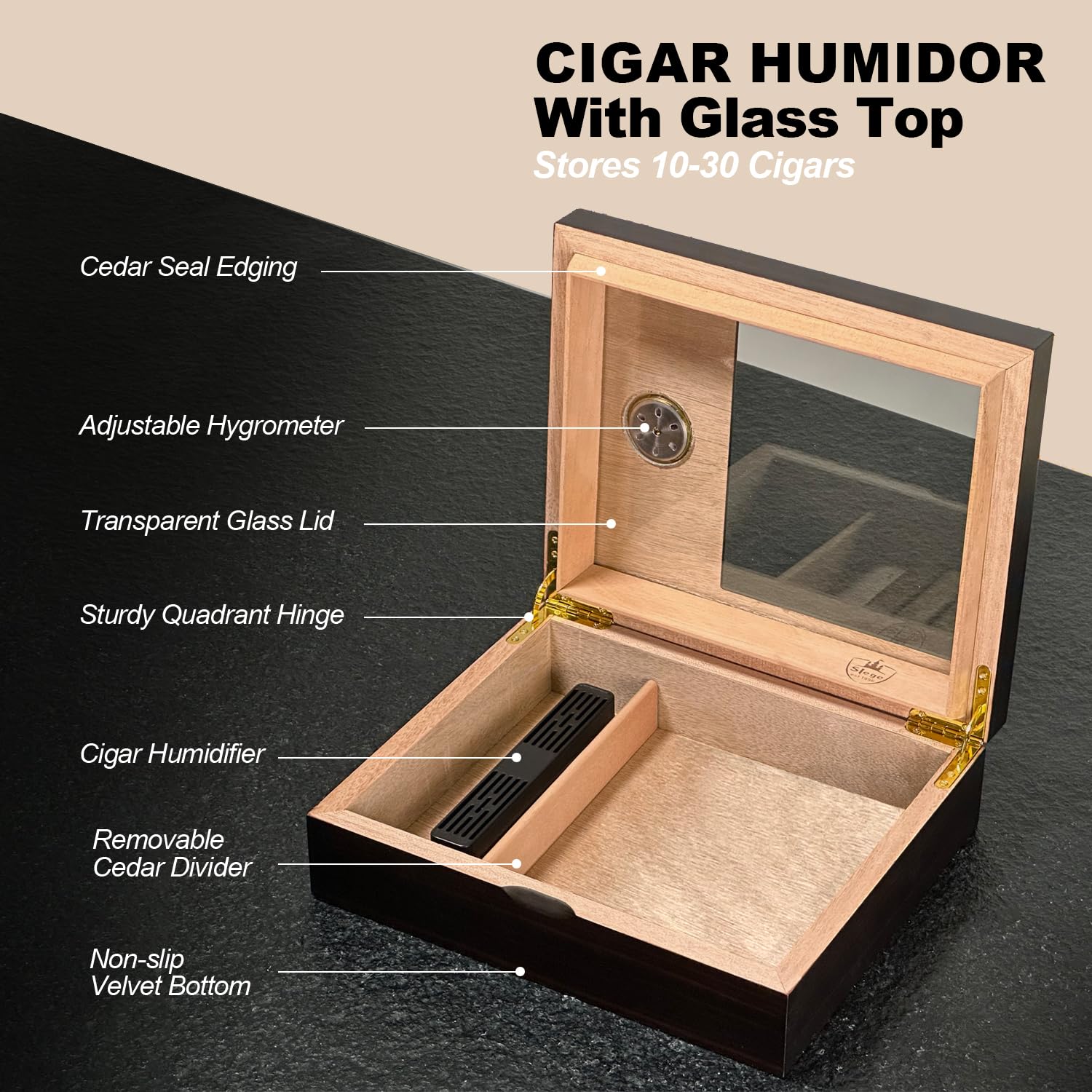 Slege Zigarren Humidore,Humidor-Zigarren,Glasplatte,Spanische Zeder Zigarrenbox,mit Zigarrenbefeuchter,Hygrometer,Teiler, Kuba Zigarren Zubehör,Männer Geschenk (10-30 zigarren)