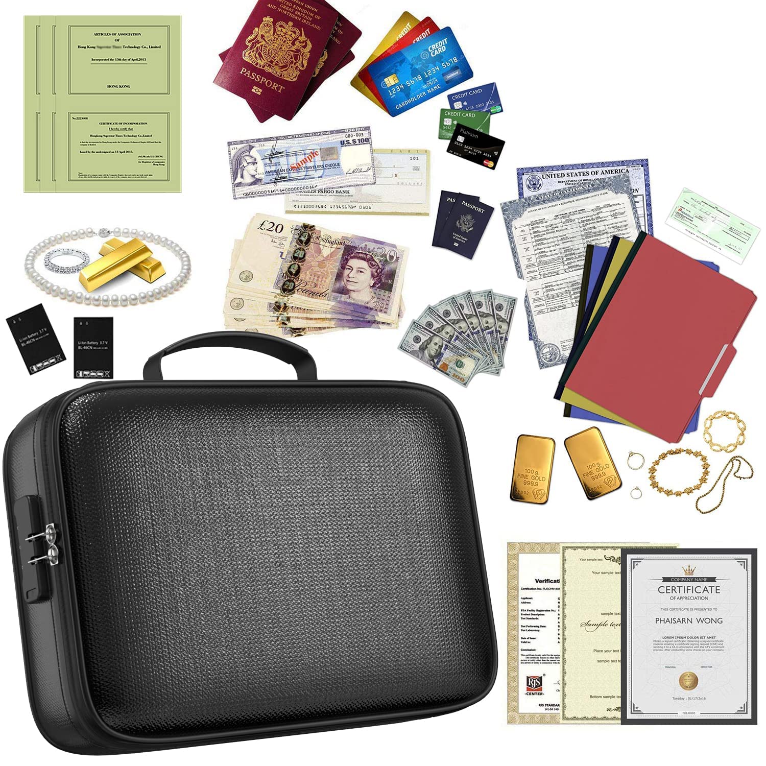 QNIGLO Caja Fuerte Ignífuga con Cerradura, bolsa organizador impermeable, Tarjeta, Certificado Importante con Bolsa Organizadora de Varias capas, bolsa de documentos para el hogar oficina viajes