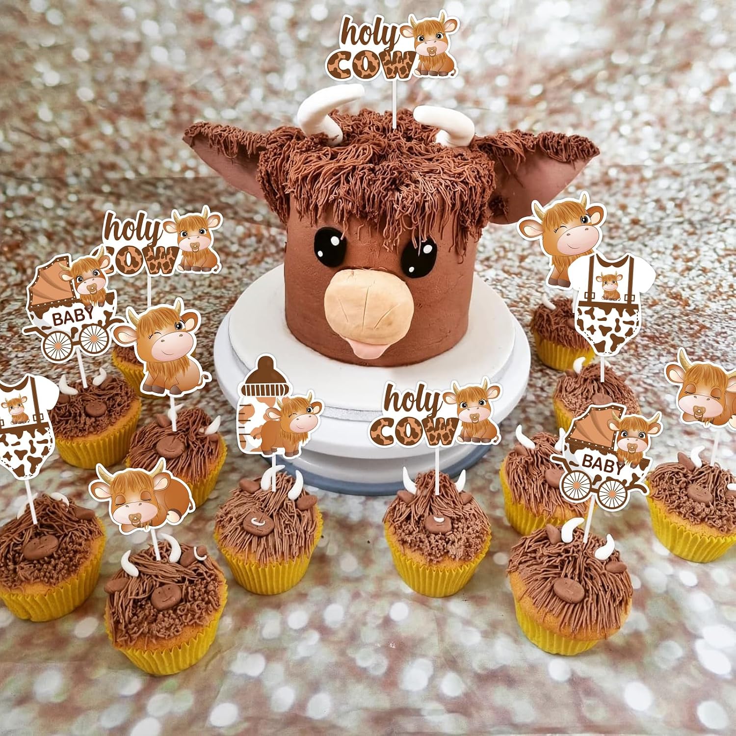 24 Pcs Highland Cow Baby Shower Cupcake Toppers - Cartoon Highland Cow Baby Shower Decorations, Double Sided Highland Cattle Holy Cow Welcome Baby Cake Decor for Pregnancy Newborn Party