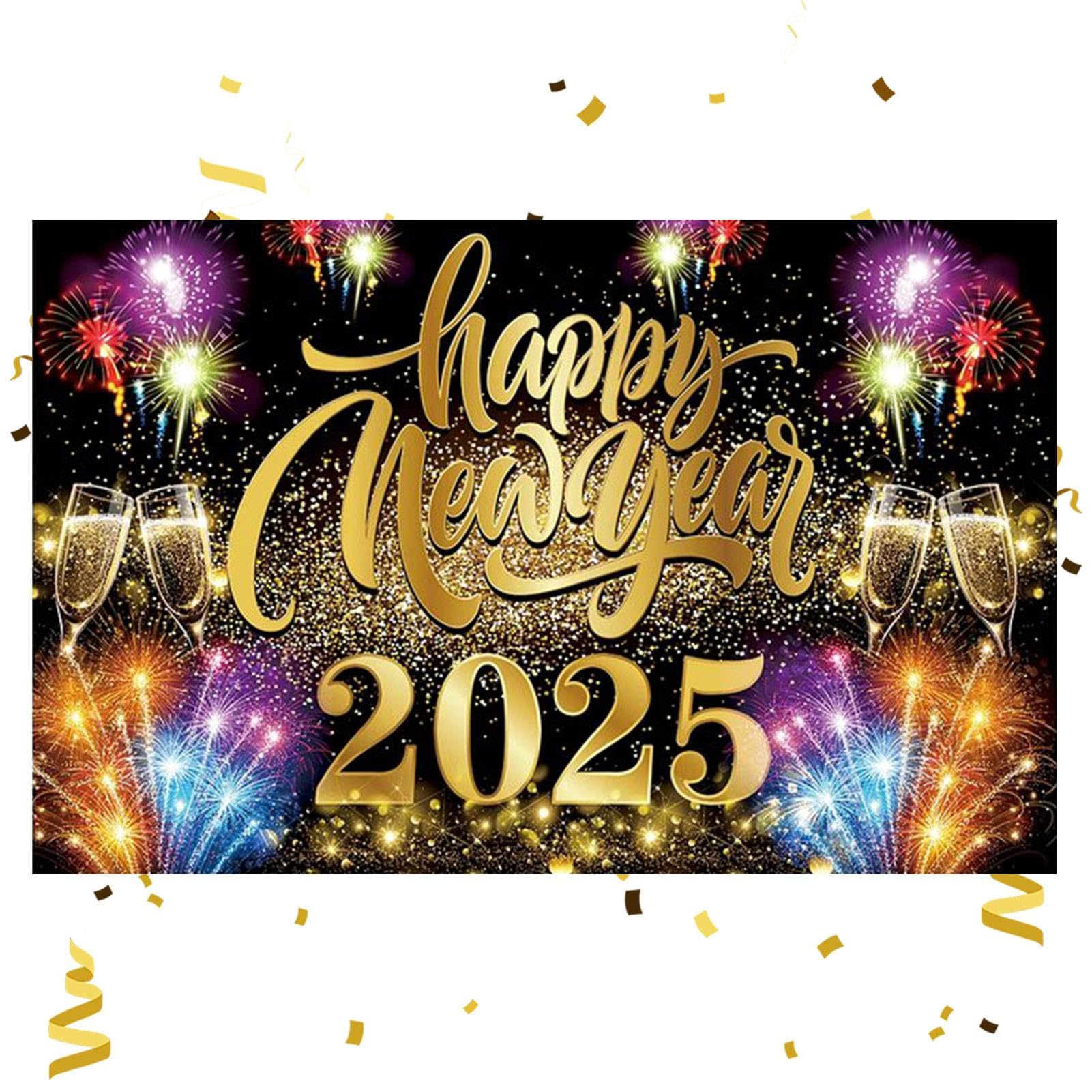 SUNYOK Banner Capodanno 2025 - Nero E Oro - 180x110 Cm - Sfondo Fotografico Per Festa Indoor/Outdoor