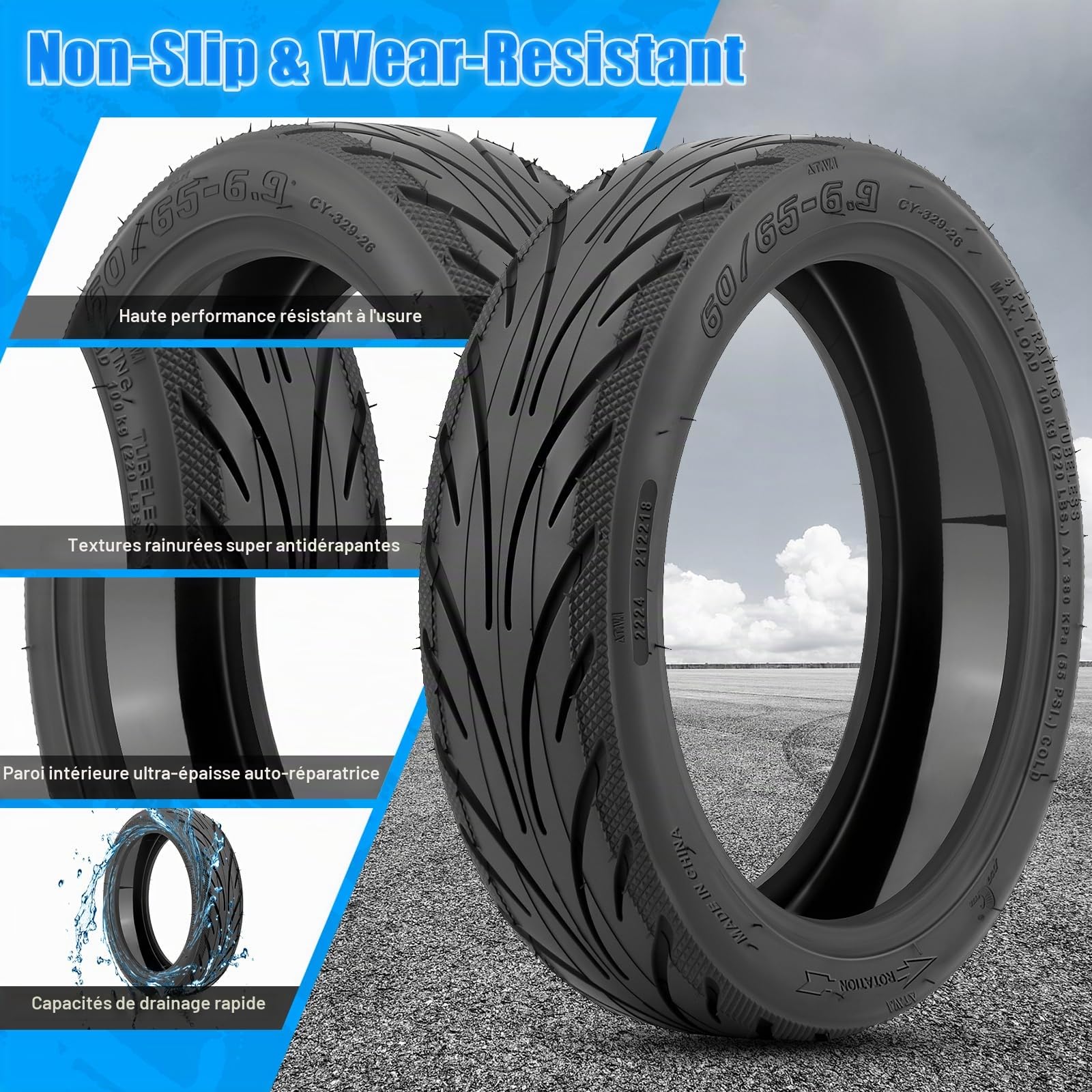 Pneu Tubeless 60/65-6.9 Auto-Réparant pour Ninebot Max G2 Trottinette Electrique, Pneu Sans Chambre à Air 10 Pouces 60/65-6.9 avec Valve, Anti-Crevaison & Anti-Usure & Anti-Dérapant, 1PCS