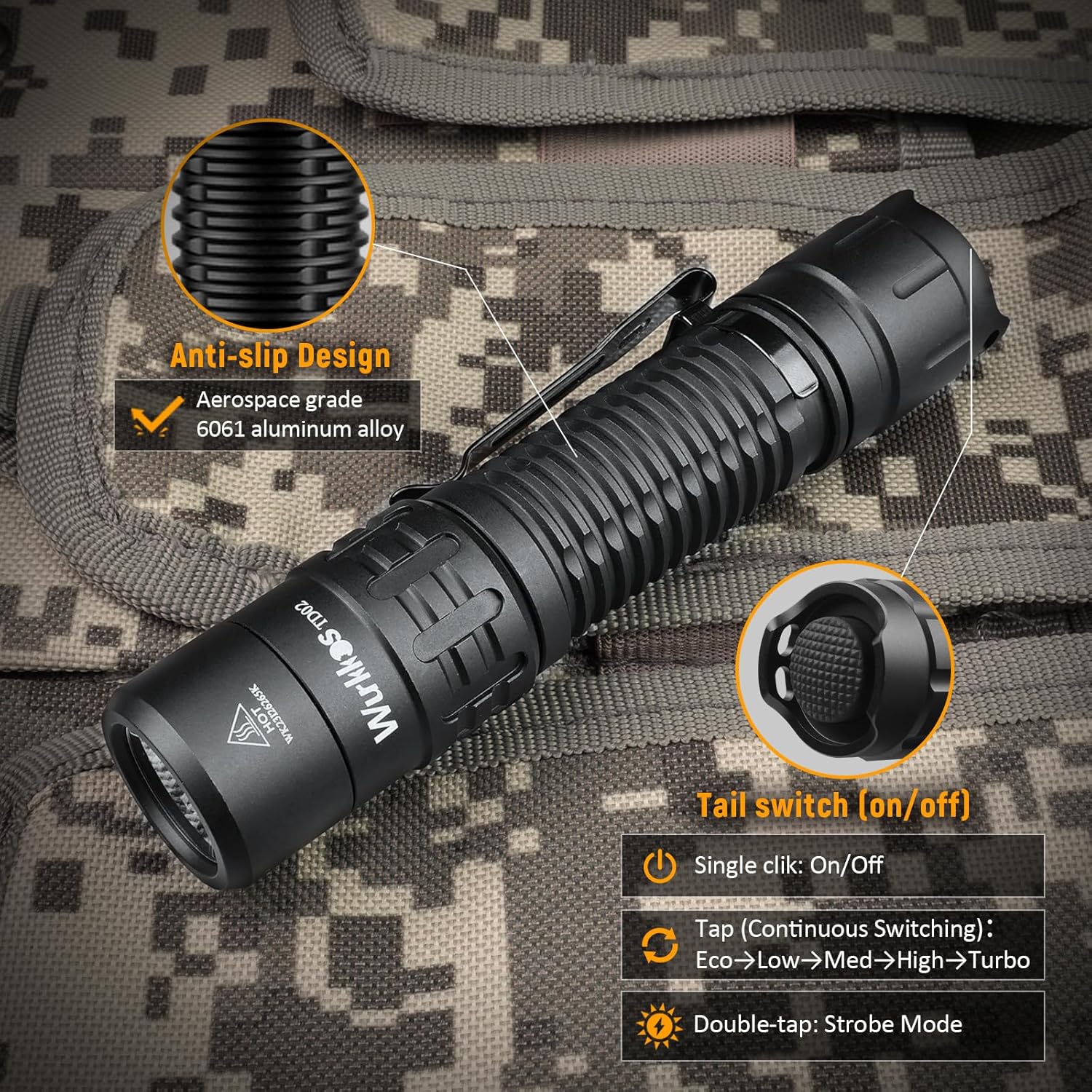 Wurkkos TD02 Led Tactical Flashlight, Super Bright Pocket Flashlights Rechargeable, 2000 High Lumens Flashlight EDC Flash Light with Type C Charging Port Tail Switch for Outdoor and Indoor Activities