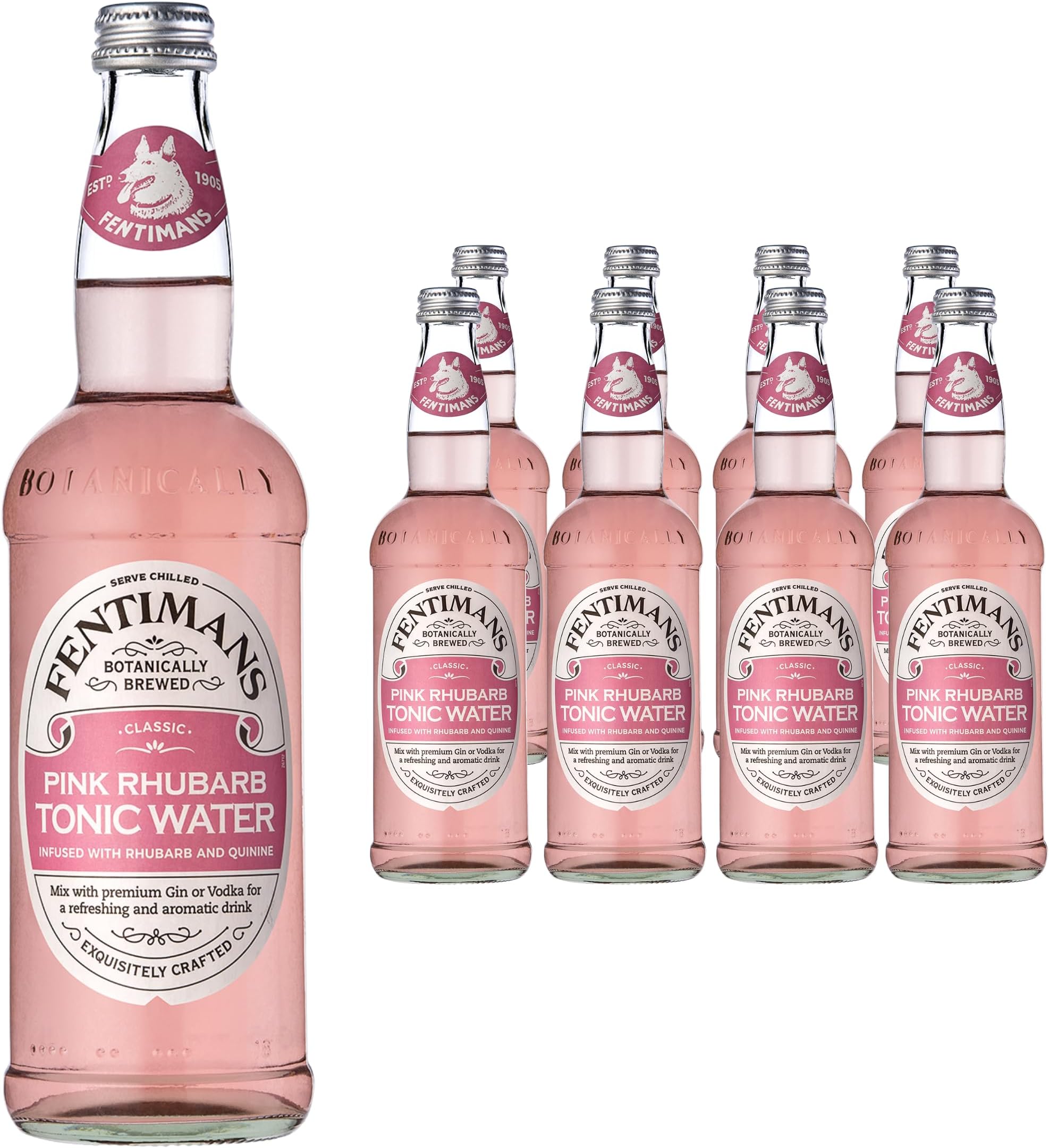 Fentimans Pink Rhubarb Tonic Water - Botanically Brewed Water - Infused with Sweet Rhubarb and Botanical Extracts - Low Calorie, Gluten Free and Vegan Friendly Soft Drinks - 8 x 500ml