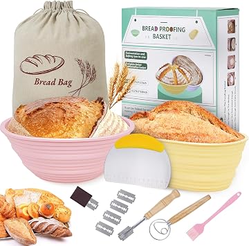 Banneton Bread Proof Basket, Silicone Sour Dough Bread Baking Supplies with Bread Bag, 9" Round & 10" Oval Thick Foldable Sourdough Starter Kit for Bread Making Pink & Yellow