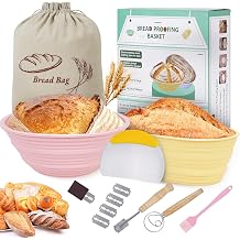Banneton Bread Proof Basket, Silicone Sour Dough Bread Baking Supplies with Bread Bag, 9" Round & 10" Oval Thick Foldable Sourdough Starter Kit for Bread Making Pink & Yellow