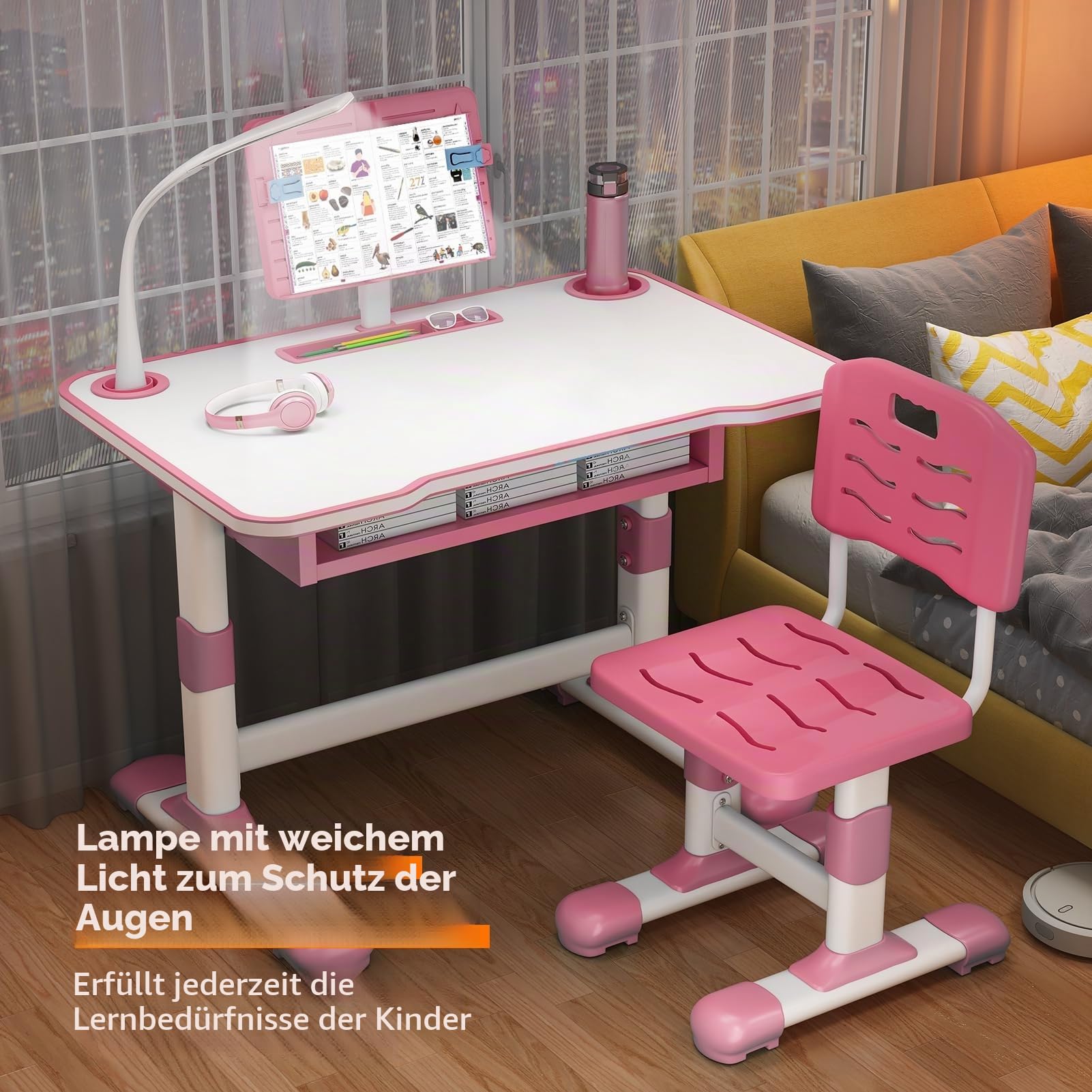 Höhenverstellbarer Schreibtisch und Stuhl für Kinder, höhenverstellbarer Arbeitsschreibtisch mit neigbarem Leseständer, extra breite Schublade, LED-Schreibtischlampe, für Kinder von 3 bis 18