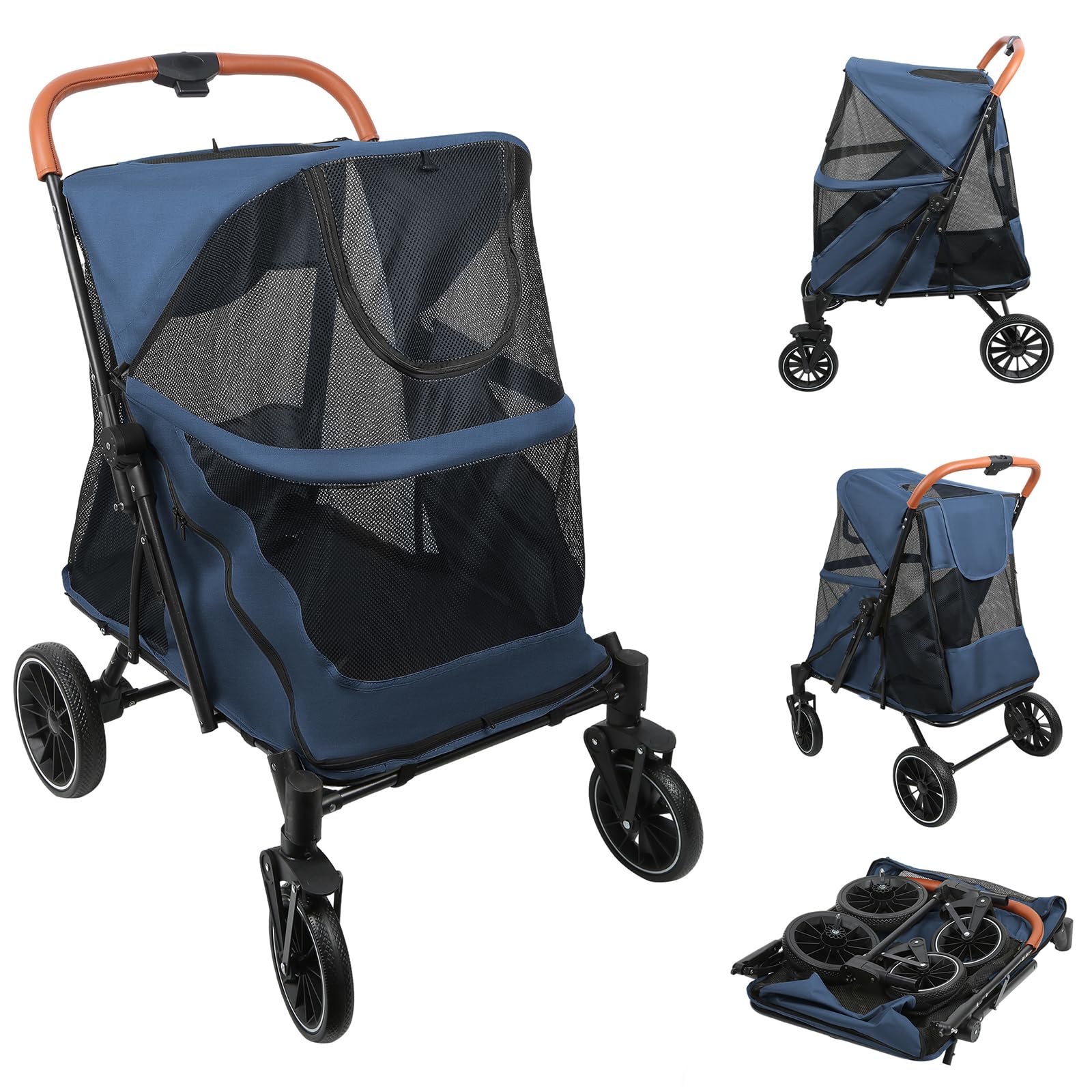 OHMG Grande Poussette chien chat,buggy,poussette pour chien 4 roues en EVA chariot pour chat pliage en un clic, laisse de sécurité, charge 45 kg,avec fenêtre en filet,Ceintures de sécurité