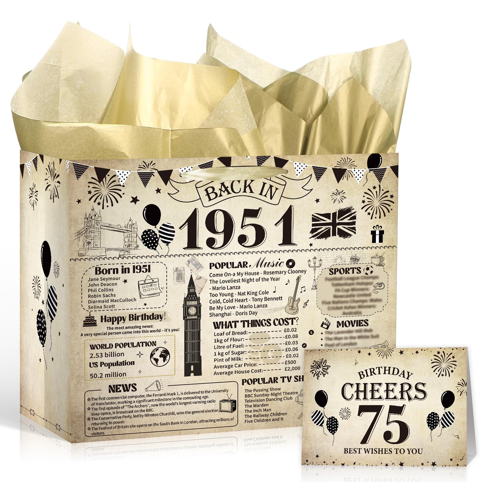 Eiapadeor 75th Birthday Gift Bag - Vintage Back in 1951 Birthday Decorations for Women Men, Large Wrapping Bag with Handle Tissue Paper Greeting Card, 75 Year Old Birthday Party Decor Supplies