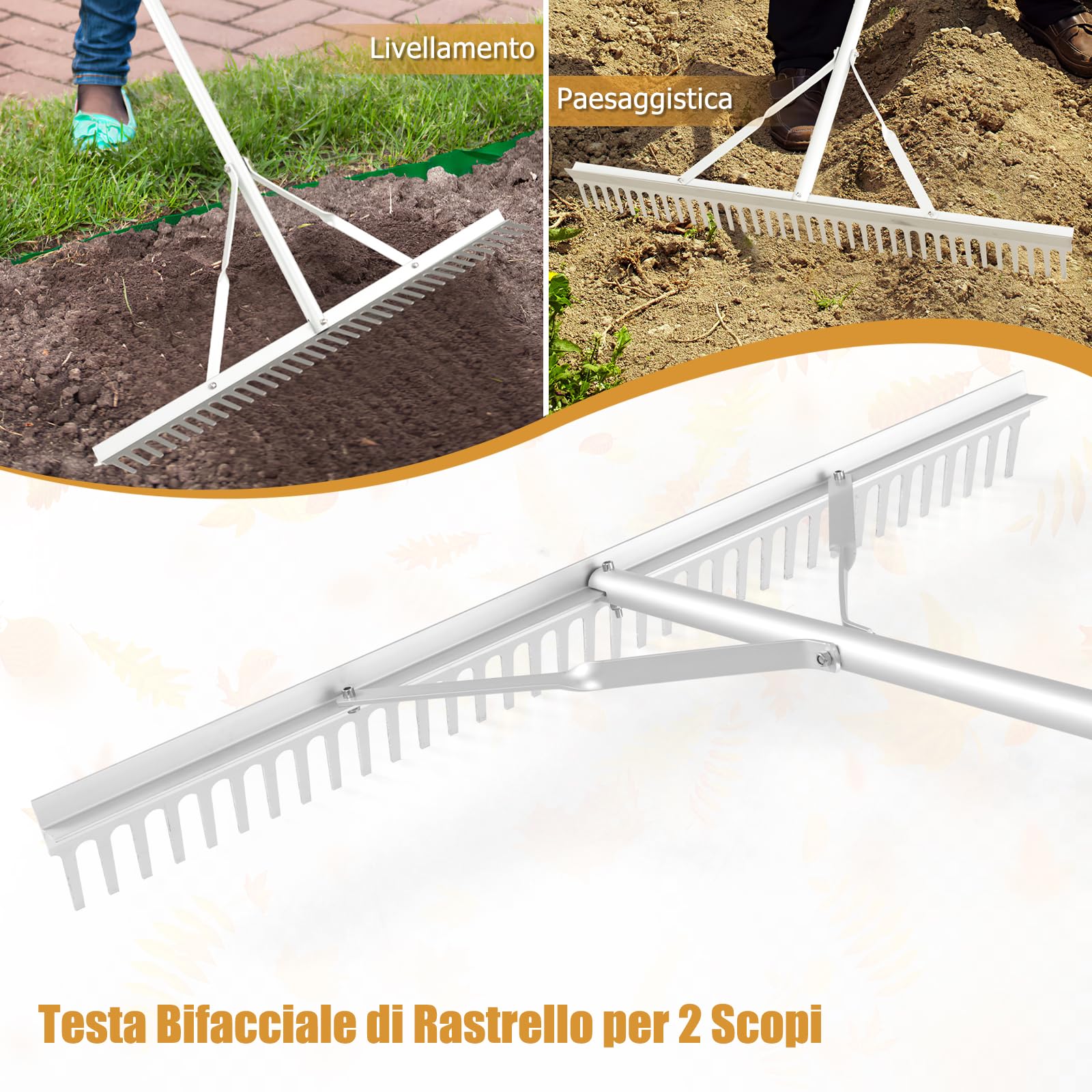 RELAX4LIFE Rastrello da Giardino in Alluminio, Rastrello Scopa per Foglie con 36 Denti, Larghezza 91cm, Manico Lungo 174 cm, Attrezzo da Giardino per Allentare il Terreno e Cura del Prato