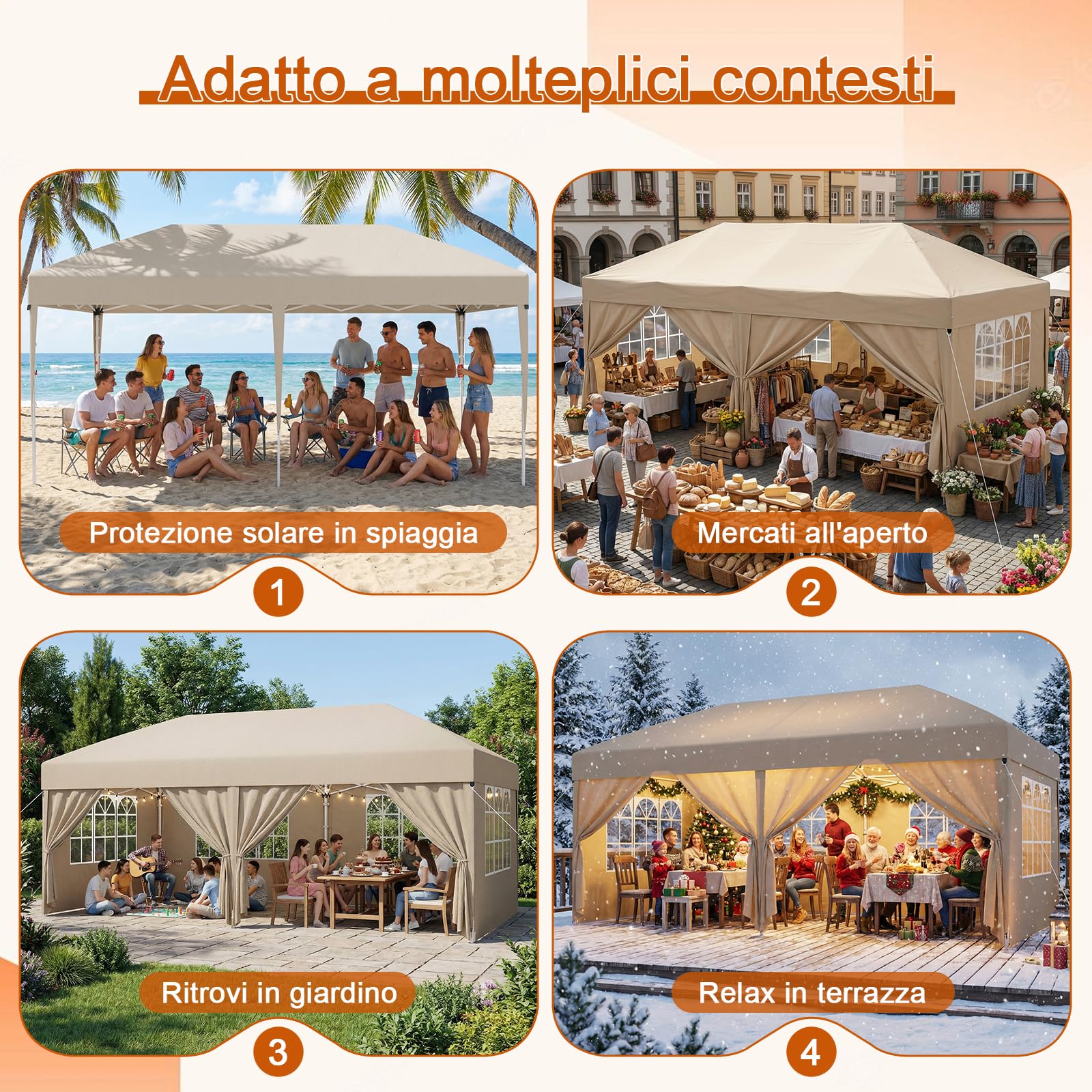 Devoko Gazebo 3x6 Pieghevole Impermeabile, Tenda Pop Up Pieghevole con 6 Pareti Rimovibili, Gazebo Pieghevole con 3 Altezze Regolabili Protezione UV 50+ per Giardino, Terrazza, Campeggio (Beige)