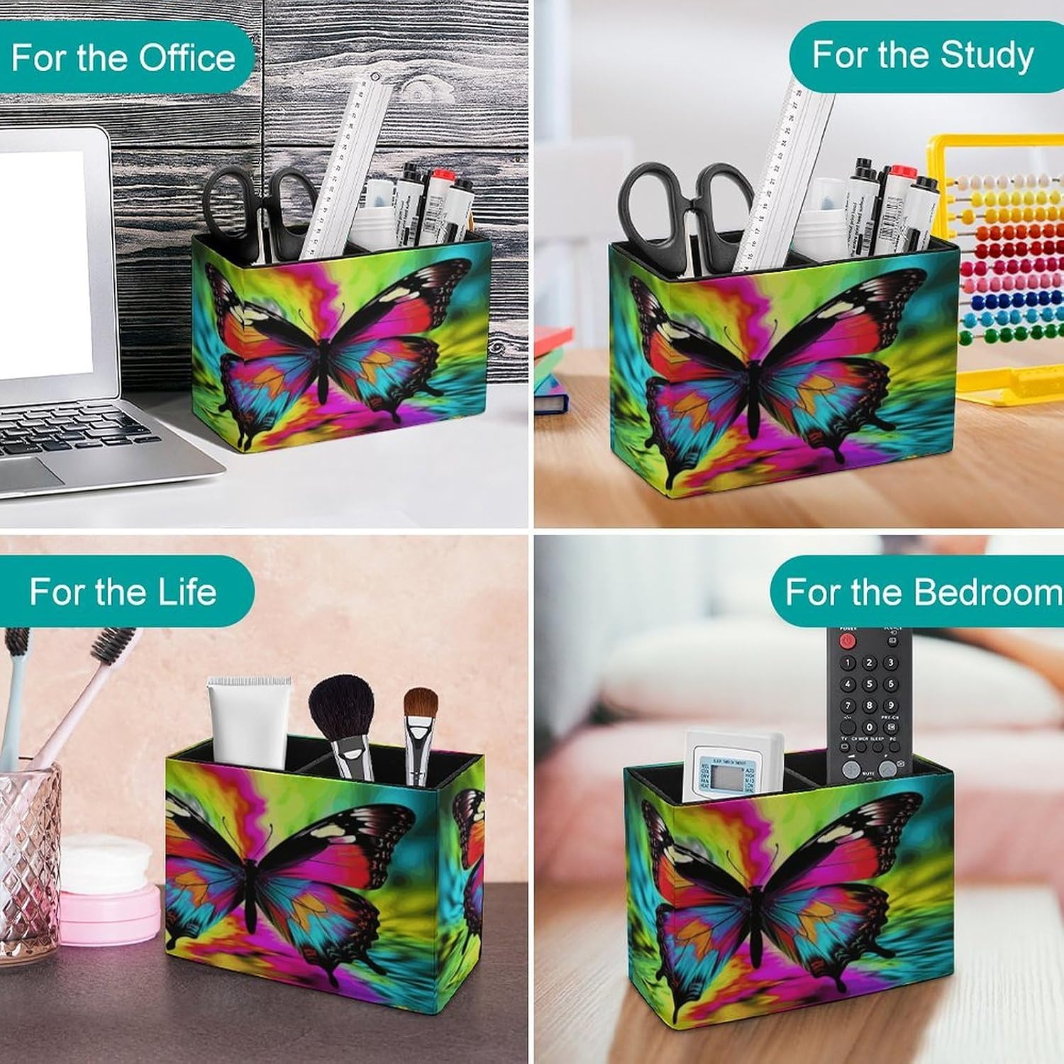 PU Leather Pen Holder with 2 Slots Colorful Butterfly Desk Organizer image 4