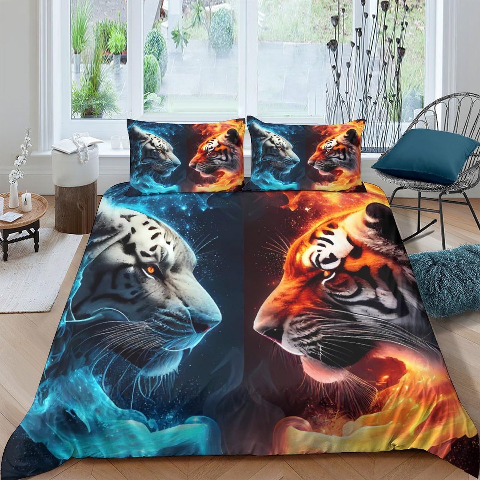 Ctjqhvkz Style-1 3D Printed Fire Ice Tiger Fitted Sheet Microfiber Soft Decorative Wild Animal Bed Cover For Bedroom Dorm Mattress Protection Single（135X200cm）