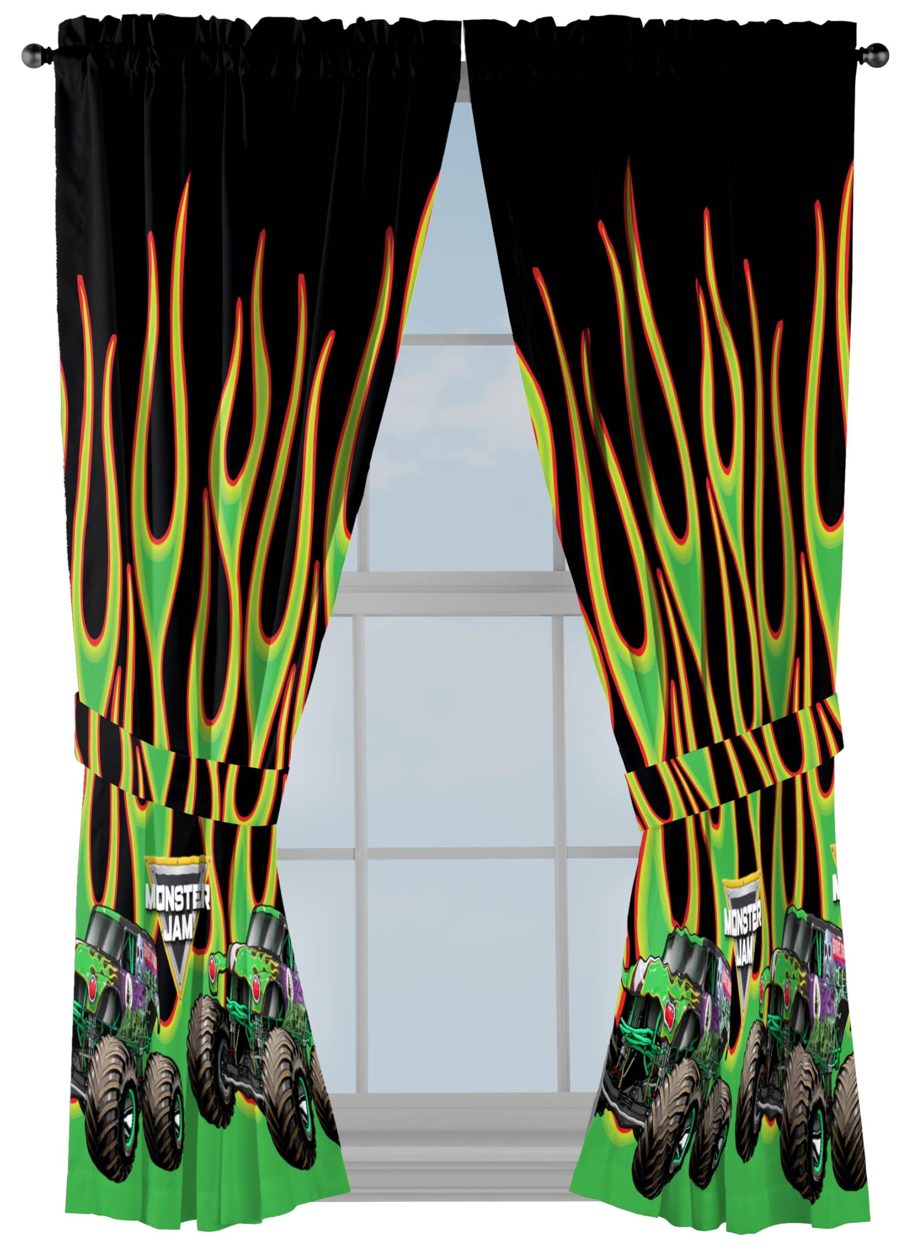 Sunny Side Up Window Curtains for Kids Bedroom 4-Piece Drape Set with 2 Tiebacks, Black - Monster Jam, 42" W x 63" L (Pack of 2)