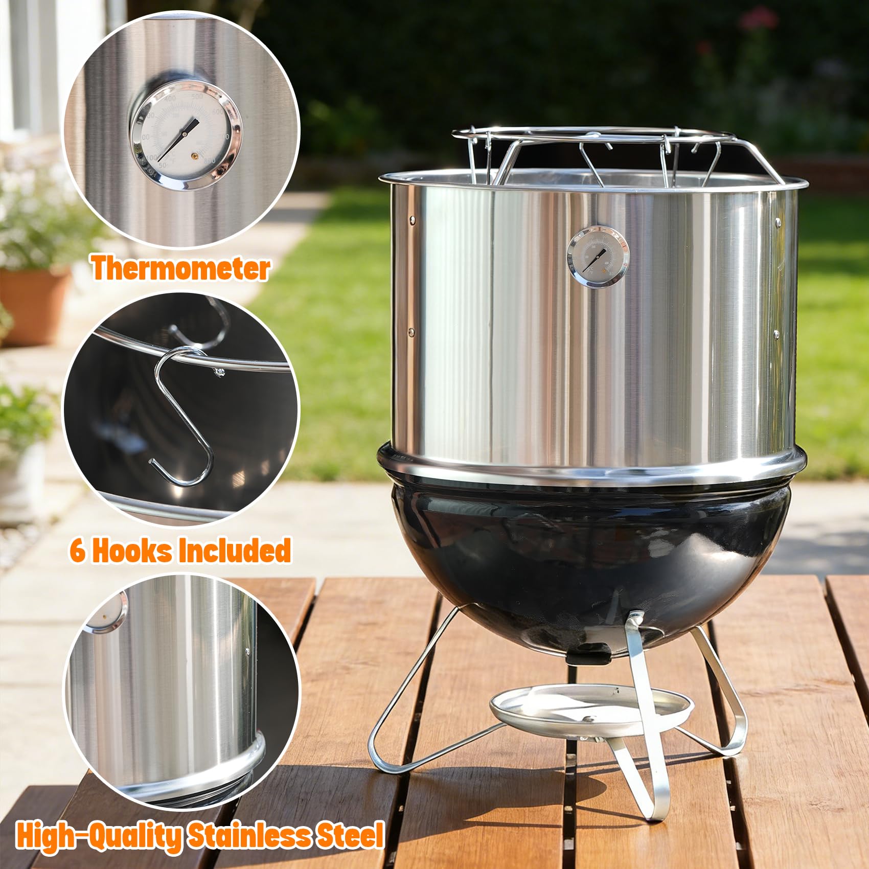 Onlyfire Edelstahl Räucherkammer für Weber Smokey Joe 37cm Holzkohlegrill mit Ring und Speckaufhänger Set
