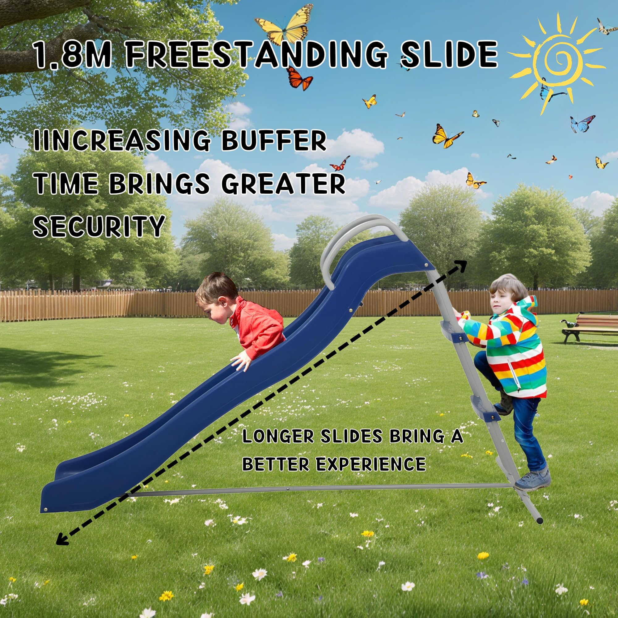 Kinderrutsche Outdoor mit Leiter 1.85m UV-Beständig Wasserrutsche Garten Blau
