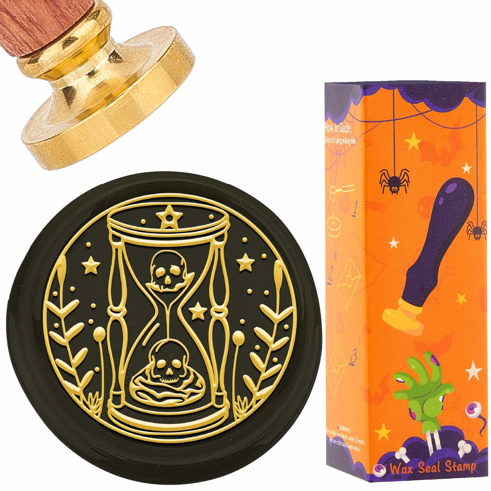 CRASPIRE Skull Sealing Wax Stamp Halloween Wax Seal Stamps 25mm Retro Vintage Skeleton Hourglass Removable Golden Brass Stamp Head with Rosewood Handle for Party Cards Bottle Invitations Decoration