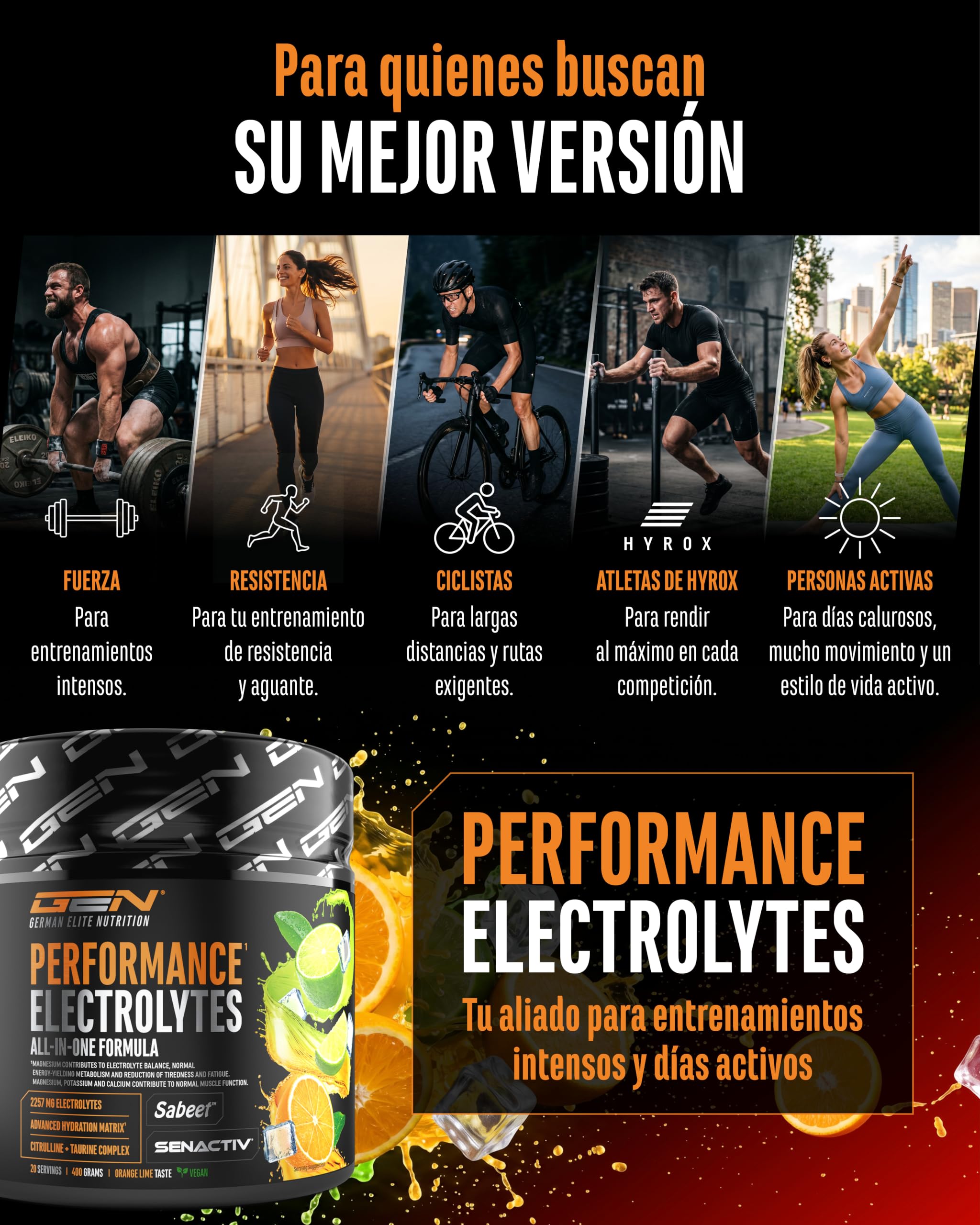 Performance Electrolytes - 400 g (20 Porciones) - Advanced Hydration Matrix con Sodio, Potasio, Magnesio, Calcio y Cloruro - con Citrulina y Taurina - Sin Azúcar - Vegano - Sabor Naranja Lima