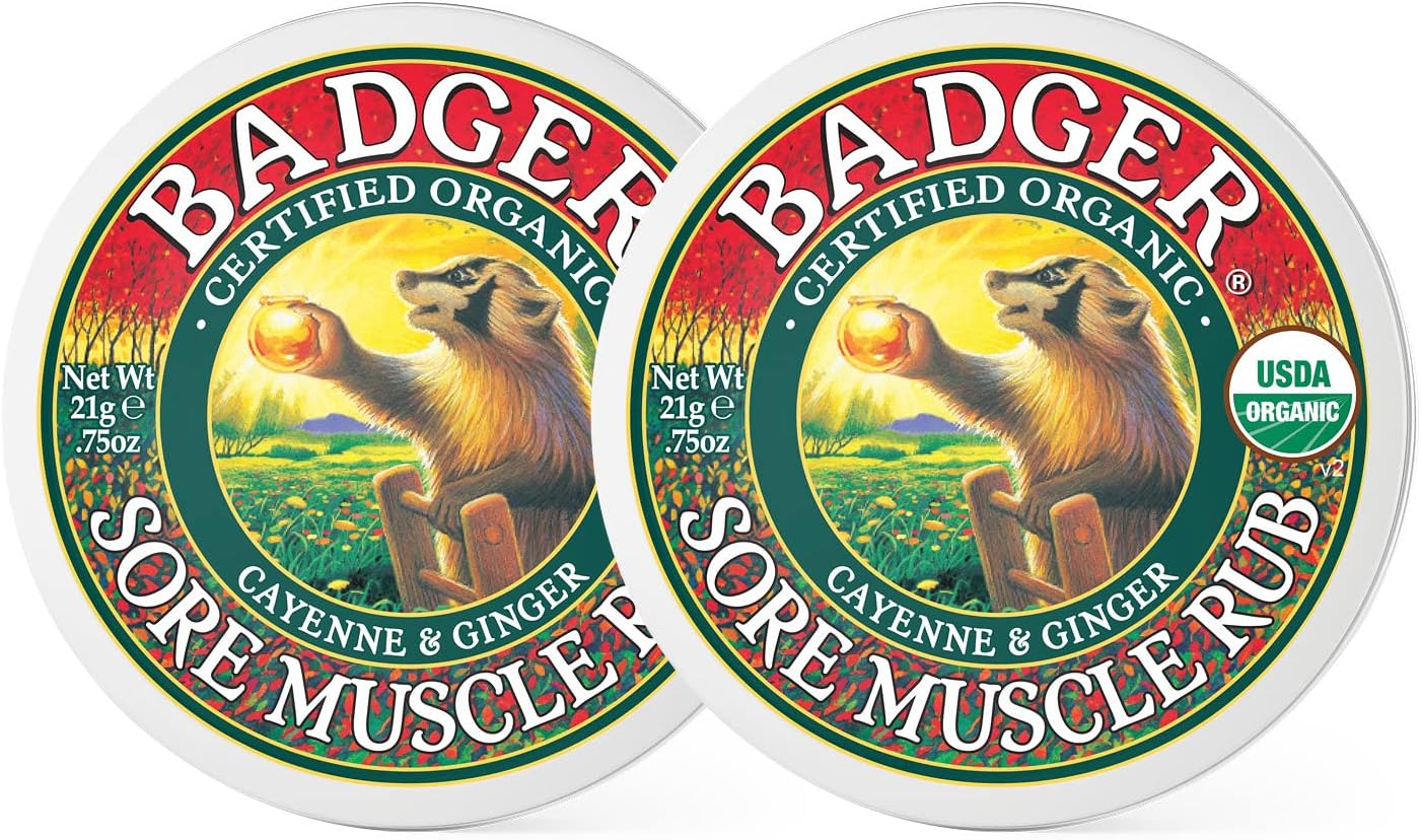 Badger Sore Muscle Rub, 100% Organic Sore Muscle Cream, Cayenne & Ginger Warming Sore Muscle Relief, Recovery & Relaxation, Long Lasting, Great Smelling, 2 oz Tin, 2-Pack