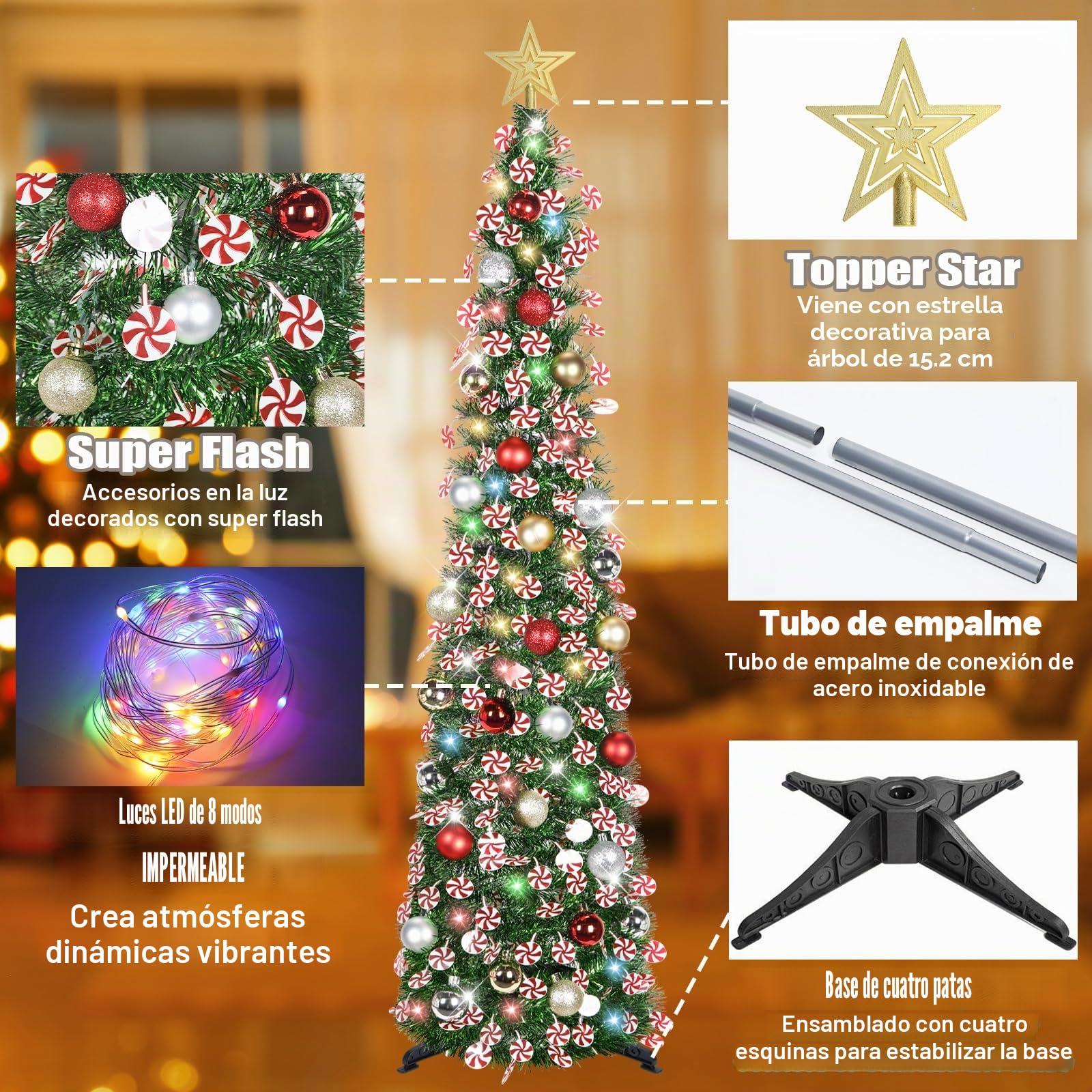 HMASYO Árbol de Navidad desplegable de 5 pies con luces de temporizador y decoraciones, árbol de Navidad de oropel verde con dulces y 24 bolas, decoración de Navidad plegable para el hogar, oficina,