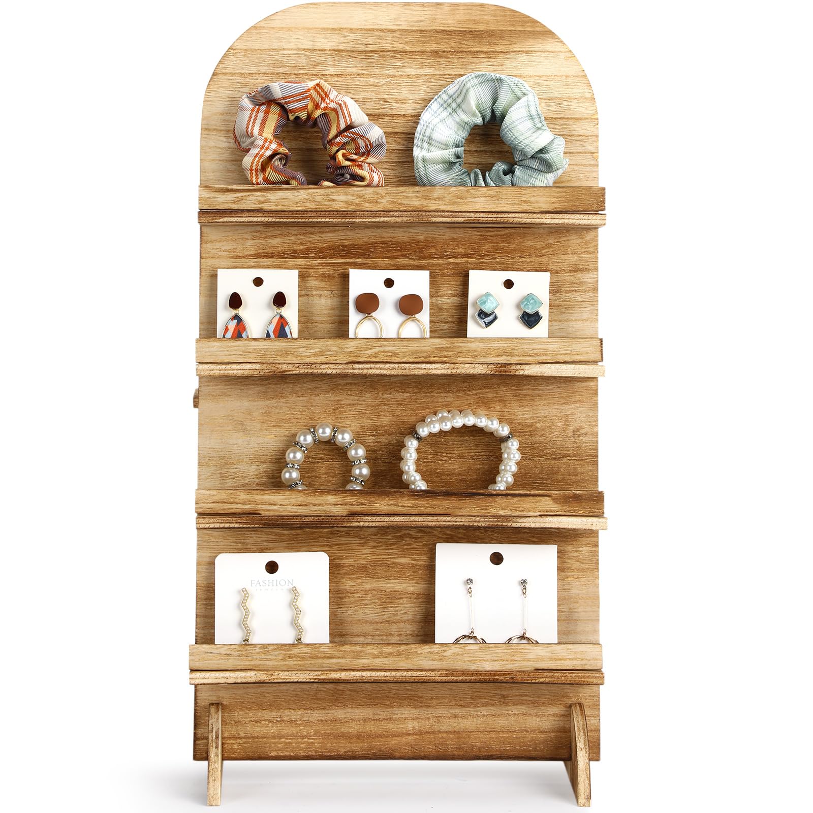 DoubleFill 4 Tier Earrings Display Stand for Vendors 18.9'' x 9.84'' Wood Sticker Earring Card Jewelry Display Stand Holder Arch Retail Shelves for Selling Craft Fair Showing Exhibition Storage