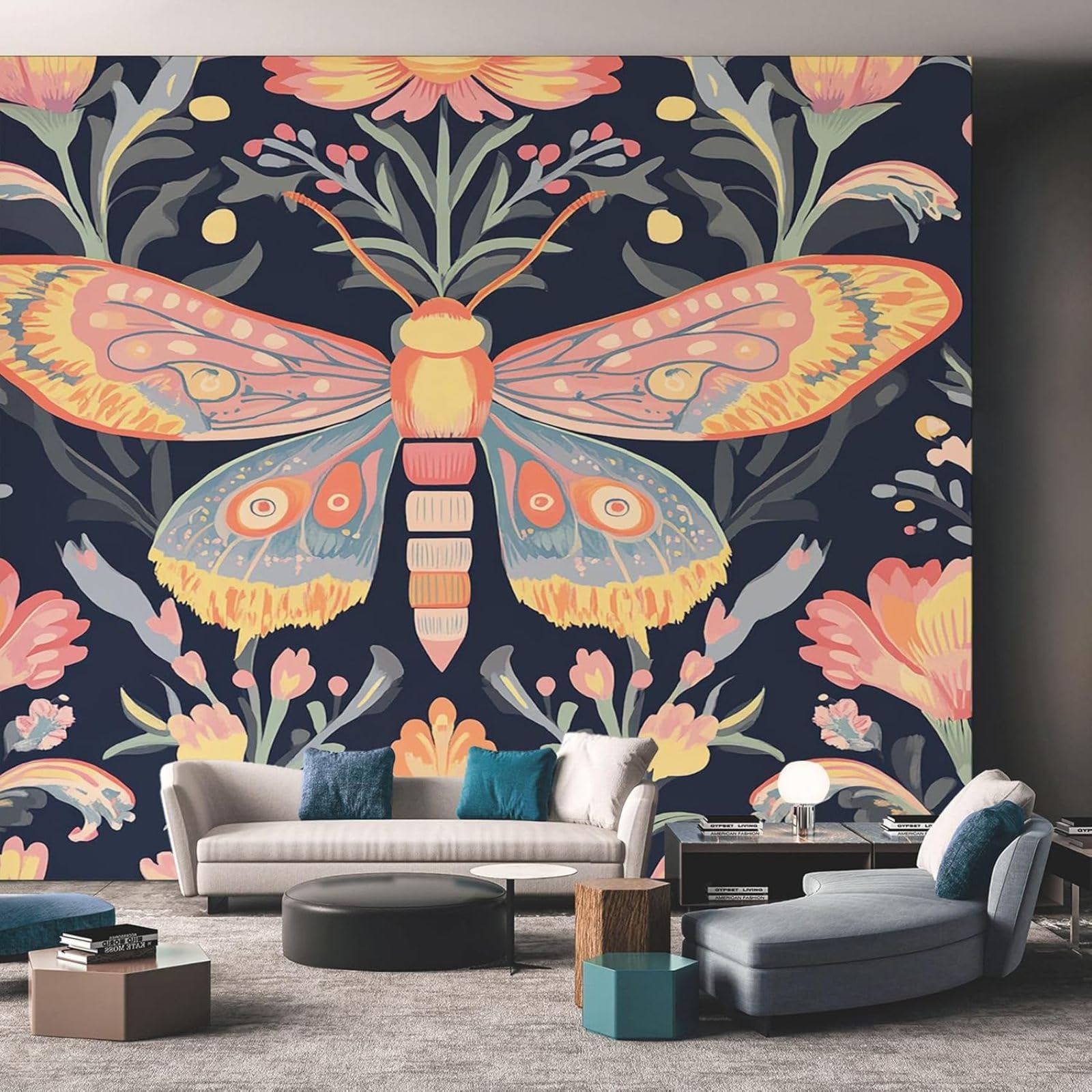 Papier peint papillons et fleurs pour salon : fresque murale géante 430x300 cm