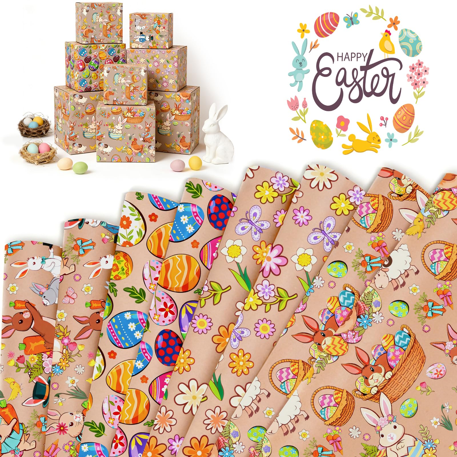 Kuvarix Geschenkpapier Ostern, 8 Blätter Osterpapier Geschenkpapier Kinder, Ostergeschenkpapier Osterhasen Ostereier Osterküken Buntes Geschenkpapiers für Ostern Geschenke Verpackung Osterdeko