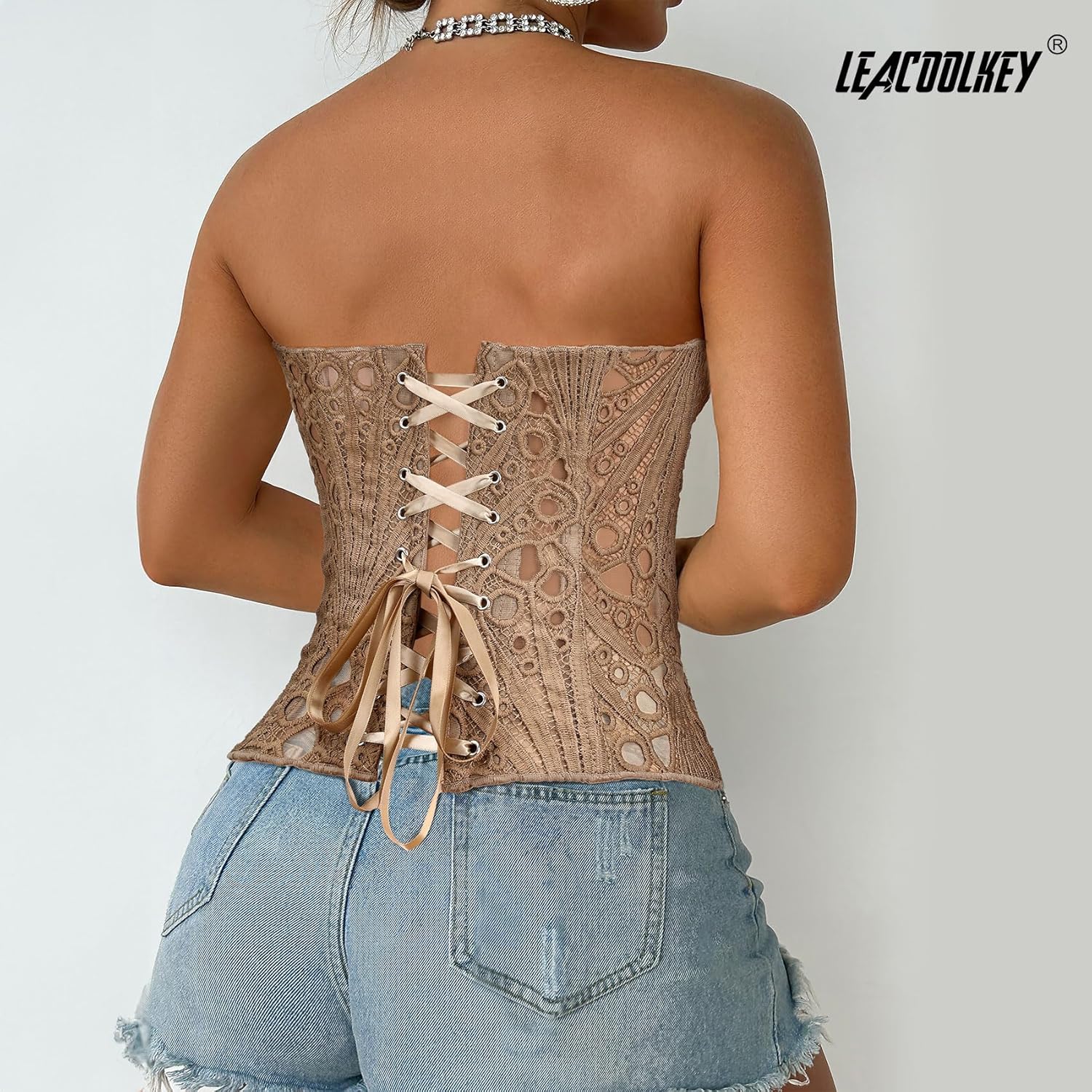 LEACOOLKEY Lacework Corset Top for Women Sexy Textured Sheer Floral Lace Bustier Going Out Lace-up Corset Overbust Top - Image 5
