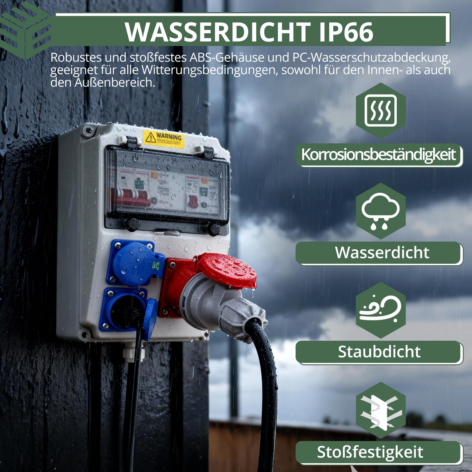 EYPINS Baustromverteiler mit LS+FI, Wandverteiler 2x 230V Schuko-, 1x CEE-Steckdose 16A Stromverteiler IP66 Wasserdicht, flammhemmende ABS Verteiler für Innen und Außen Werkstätten Fabriken