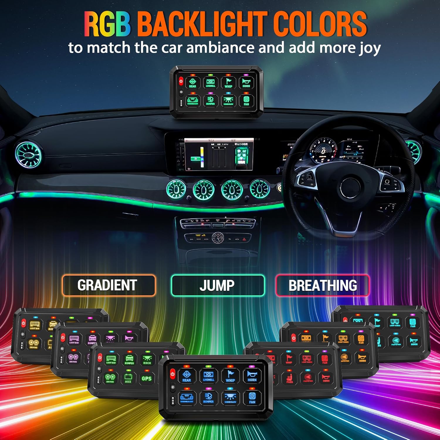 8 Gang Switch Panel Dimmable LED Touch Control Panel Box Electronic Universal Circuit Control Relay System Switch Touch Box for Car Truck Boat Marine ATV UTV SUV - RGB