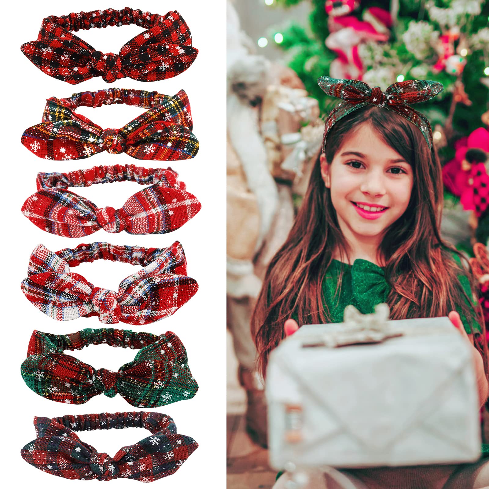 CUBACO 6pcs Headbands for Women Plaid Headband Christmas Hair Bands for Girls, CUBACO Bunny Headbands Elastic Headbands for Women Rabbit Ear Hair Bands for Girls Hair Accessories Christmas Bandana