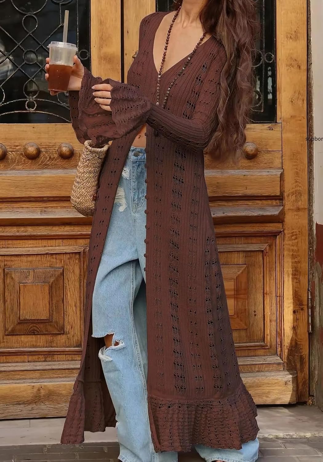 NRTHYE Women Long Crochet Cardigans Button up Knit Hollow Out Elegant Duster Sweaters Cover Up Maxi Dress - Image 3