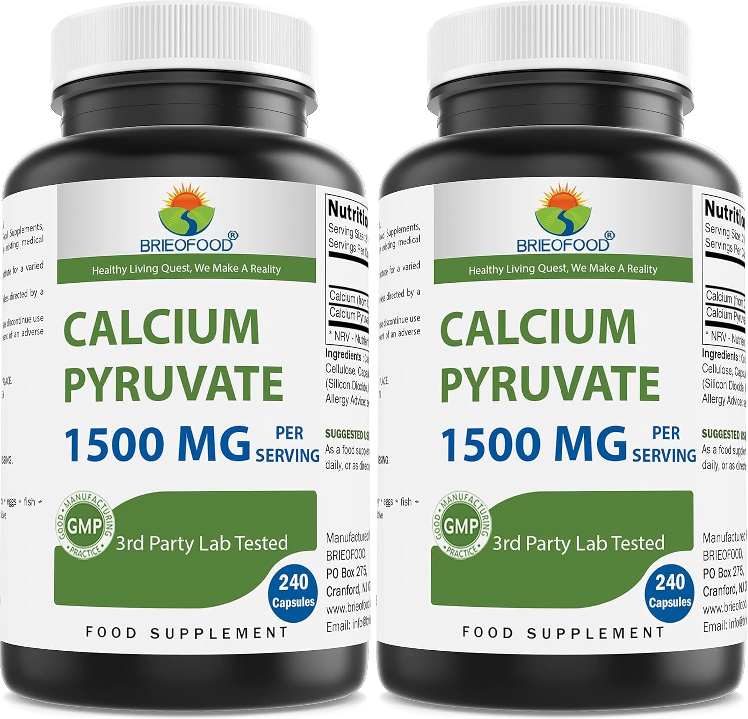 Brieofood Calcium Pyruvate 1500mg per Serving - 240 Vegetarian Capsules (Pack of 2)