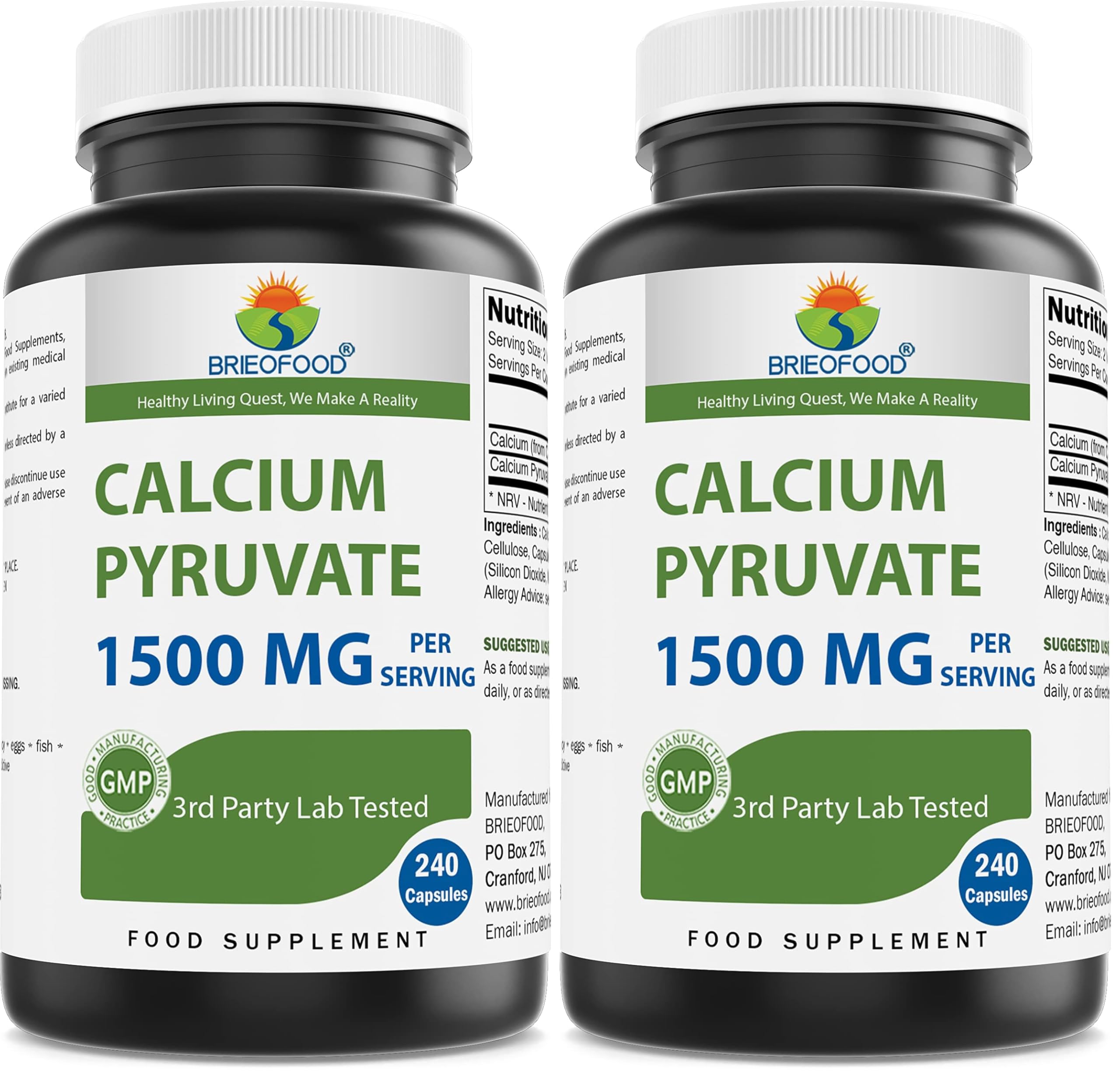 Brieofood Calcium Pyruvate 1500mg per Serving - 240 Vegetarian Capsules (Pack of 2) 240 Count (Pack of 2)