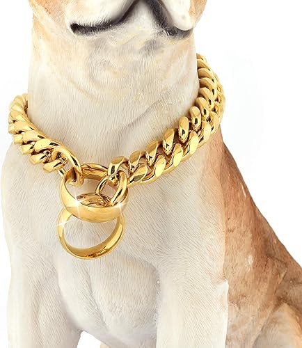 Collar de cadena dorada para perro, cadena de eslabones cubanos de acero inoxidable, eslabones de metal de 0.555 pulgadas, collar de cadena