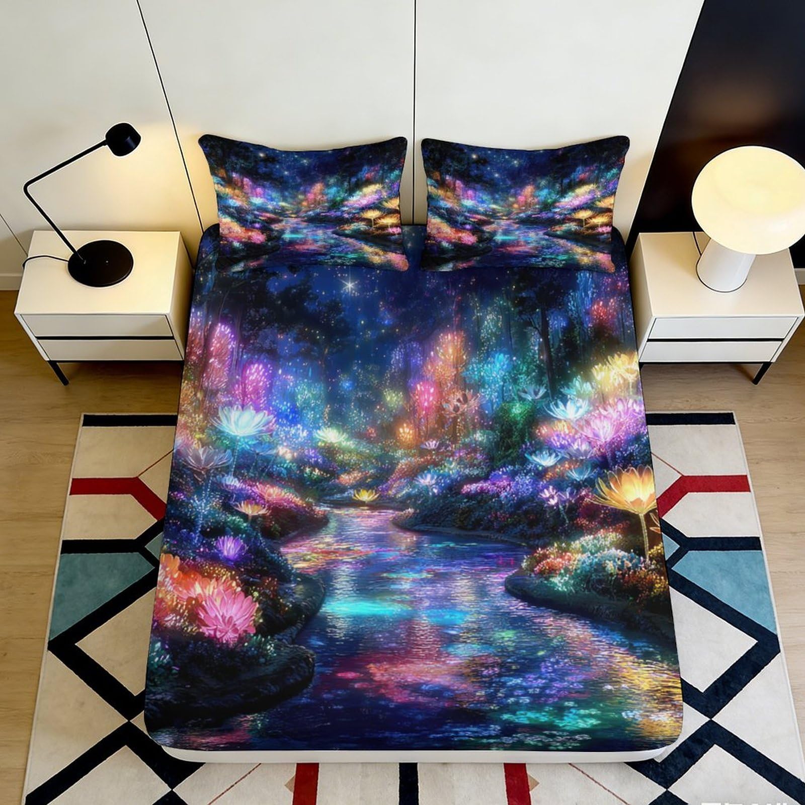 Pnayamiorkfel Style-1 3D Printed Enchanted Forest Fitted Sheet Microfiber Soft Fantasy River Bed Cover For Bedroom Dorm Decor Protection 90X200x25cm