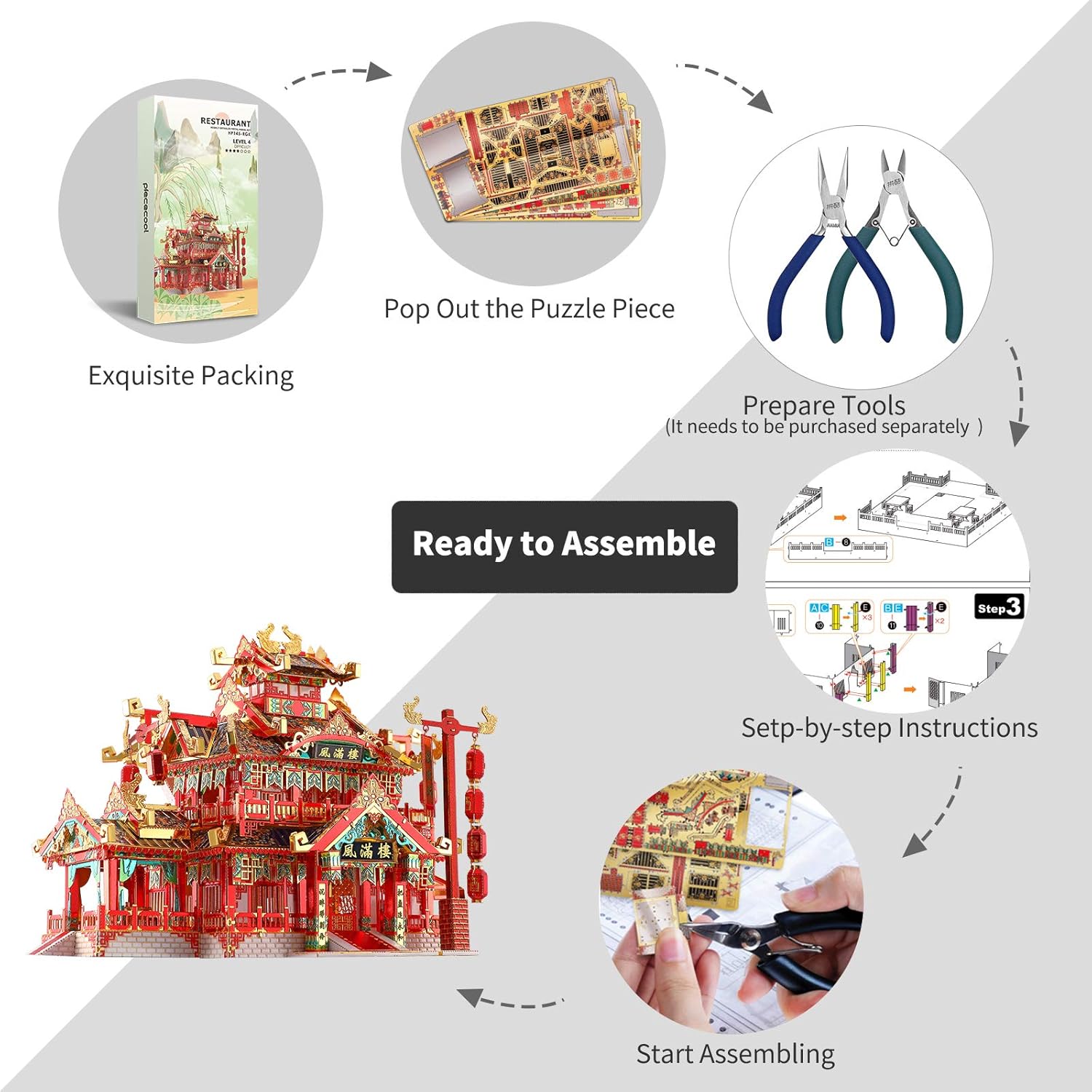 Diagram showing the dimensions of the assembled Piececool Chinese Ancient Restaurant model