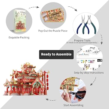Piececool 3D Puzzles for Adults Metal Model Kits, Chinese Ancient Reataurant 3D Metal Puzzle, Traditional Architecture Building Puzzle DIY, Great Gift Idea-215 Pcs