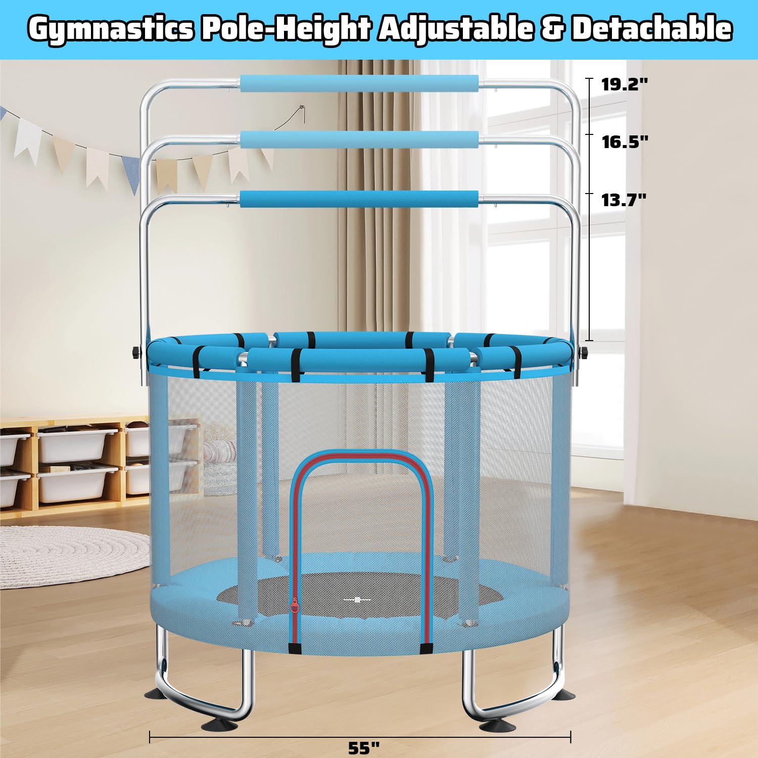 Kindertrampolin 140 cm für drinnen und draußen – 50 kg Belastbarkeit mit Sicherheitsnetz, Verstellbarer Turnstange und Basketballkorb, Geschenk für Jungen und Mädchen