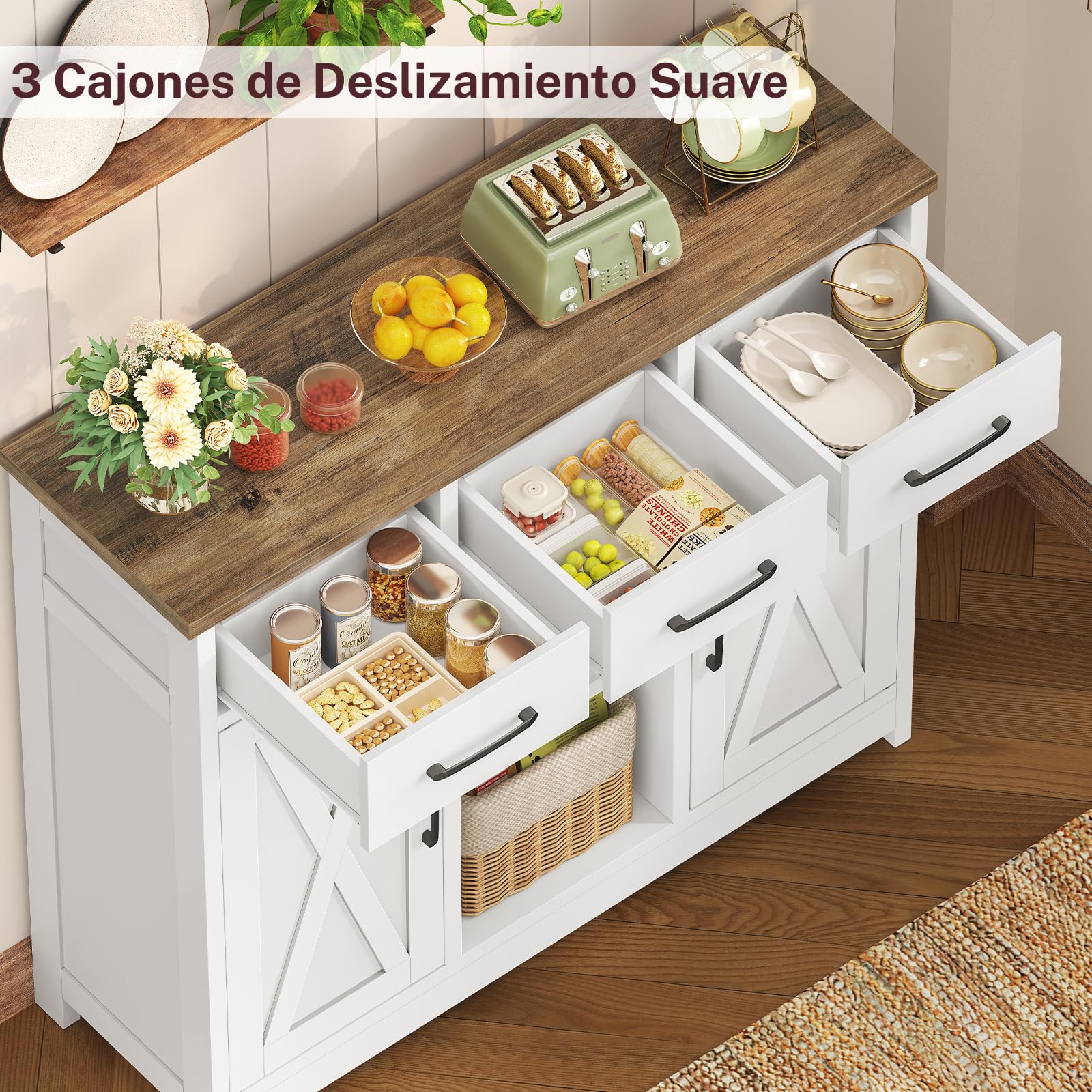 TEENFON Aparadores para Salon con 3 Cajones, Aparador Cocina con Estantes Ajustables, Armario Cocin con Trabajo para Pasillo, Cocina, Comedor, Dormitorio y Baño - 90 x 30 x 80 cm - Blanco