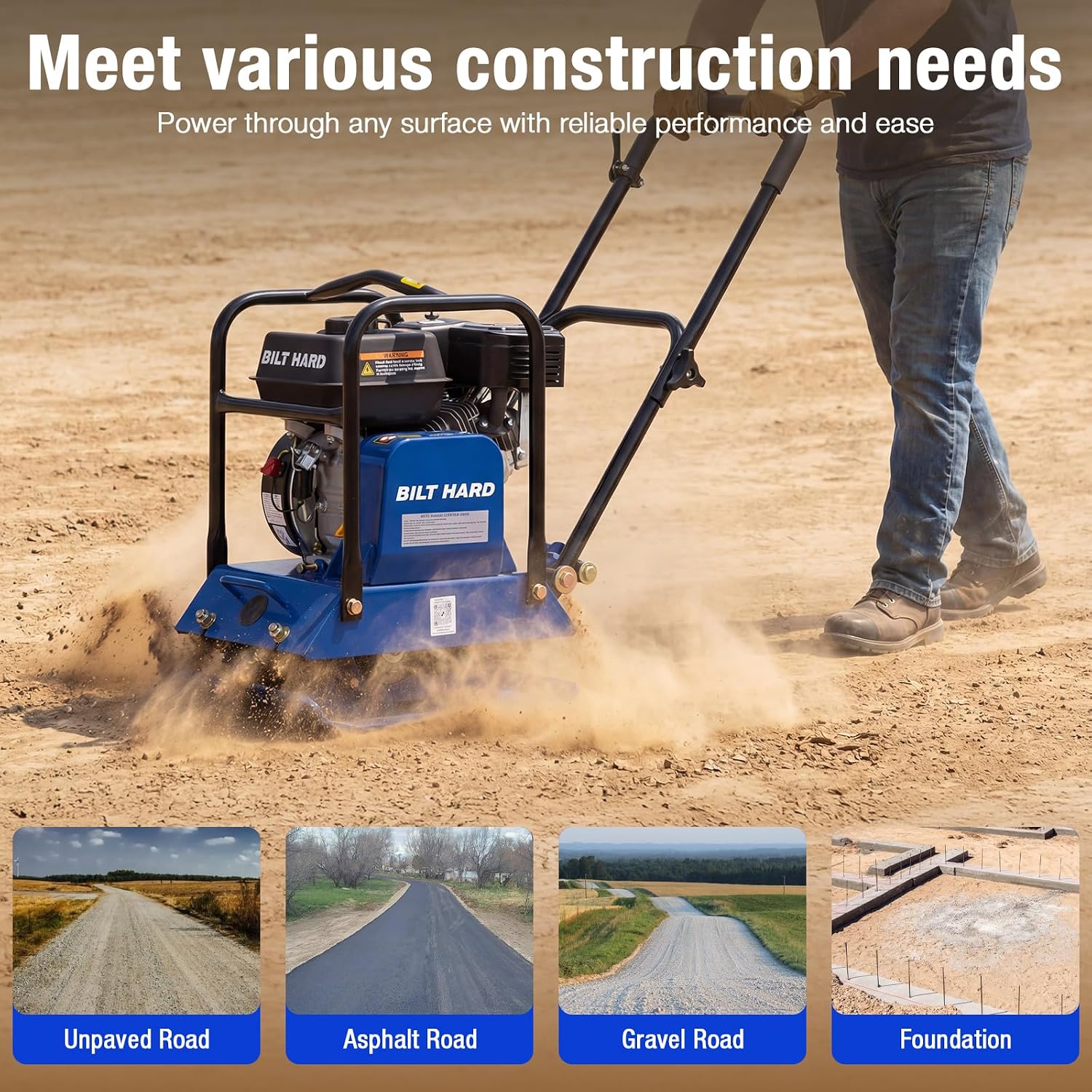 BILT HARD 6.5HP 196cc Plate Compactor, 3500lbs Force Plate Compactor Rammer with 5700 VPM, 18 x 14 in. Steel Plate, 12 in. Depth Tamper for Concrete and Dirt, Soil, Gravel, Asphalt, Landscaping