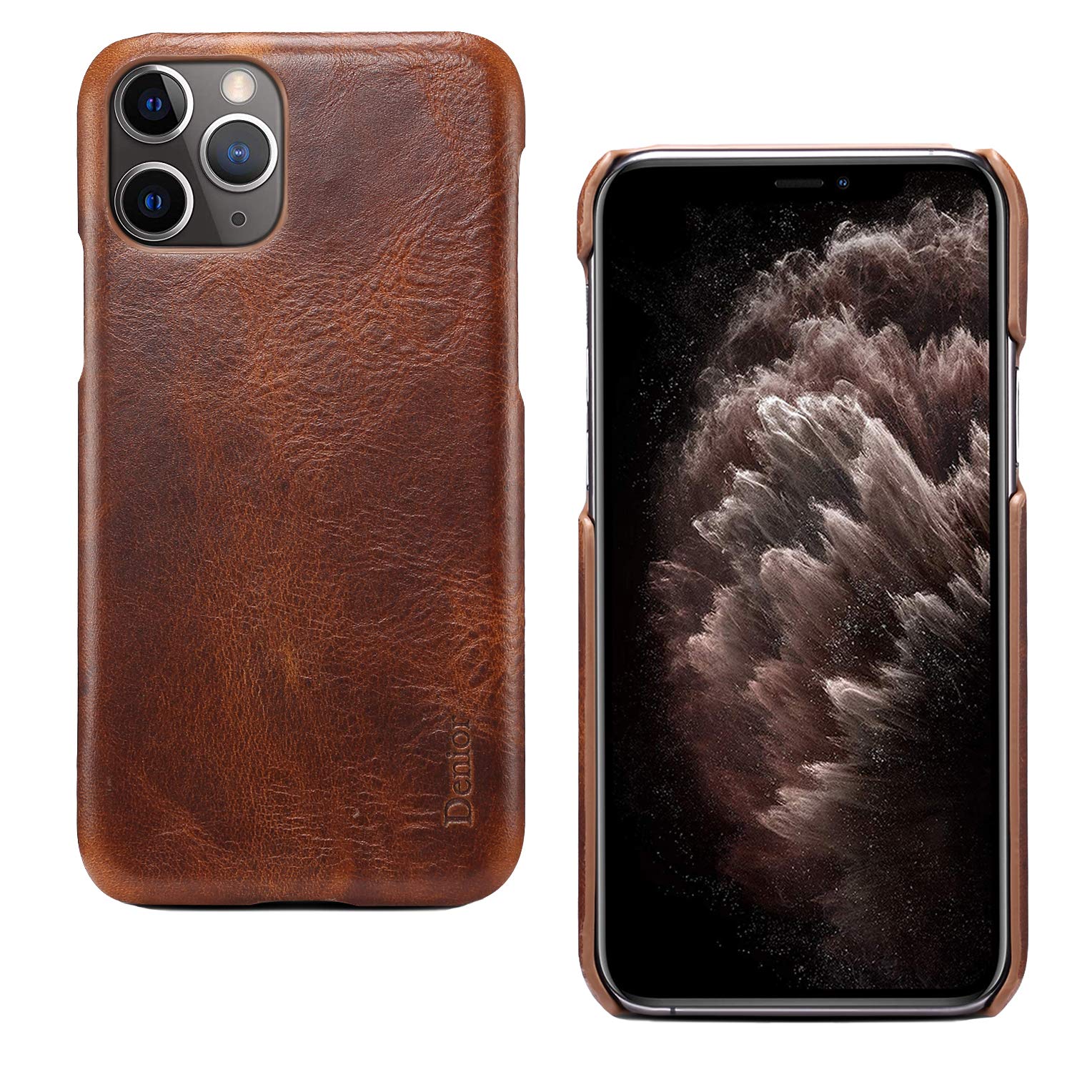 Denior Case for iPhone 11 6.1 inches, Stylish Retro Premium Genuine Leather Back Cover Classic Vintage High-Grade Cowhide Case Slim Thin Hard Phone Case Rugged Bumper Shell Shockproof, Brown