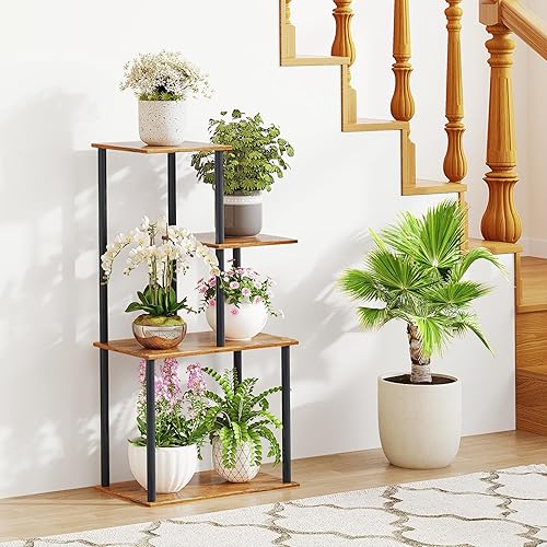 Miniatura 4 de Soporte para plantas de interior, estante para plantas de 4 niveles, soporte múltiple de metal para macetas de madera para sala de estar, oficina,