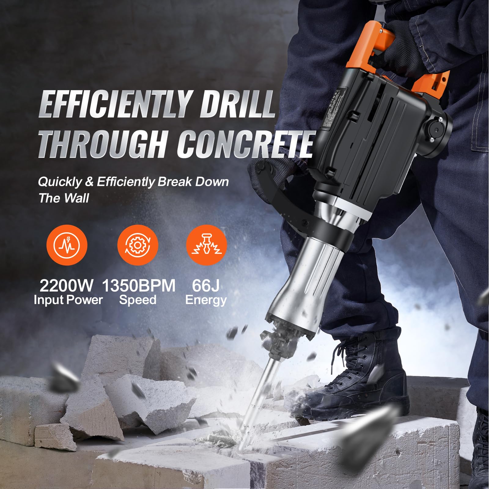 Happybuy Demolition Jack Hammer, 4pcs Chisels Bit with Case, 1350 BPM Heavy Duty, 2200W Concrete Breaker, Black