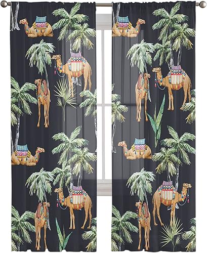 Chiffon Backdrop Curtain, Tropical Plants Camels Coconut Trees Ethnic Green Black Soft Lightweight Window Drapes Rod Pocket Curtains for Bedroom