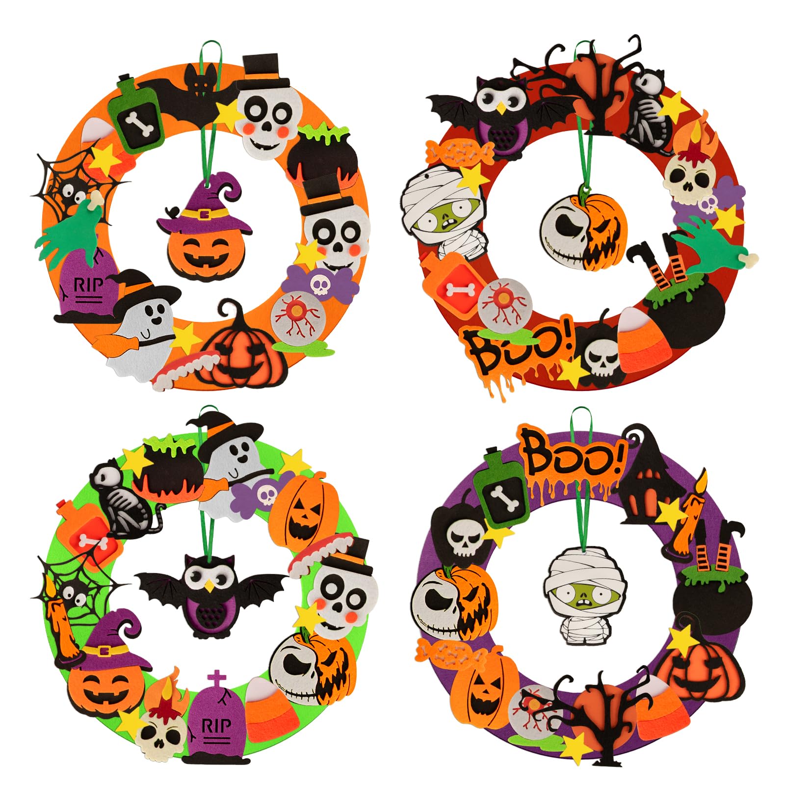 Benjia 4 Pack Halloween Wreath Craft Kits for Kids, DIY Felt Wreath Halloween Ornaments with Bandage Zombie, Owl, Top Hat Pumpkin, Horror Pumpkin for Party Activities (2501)