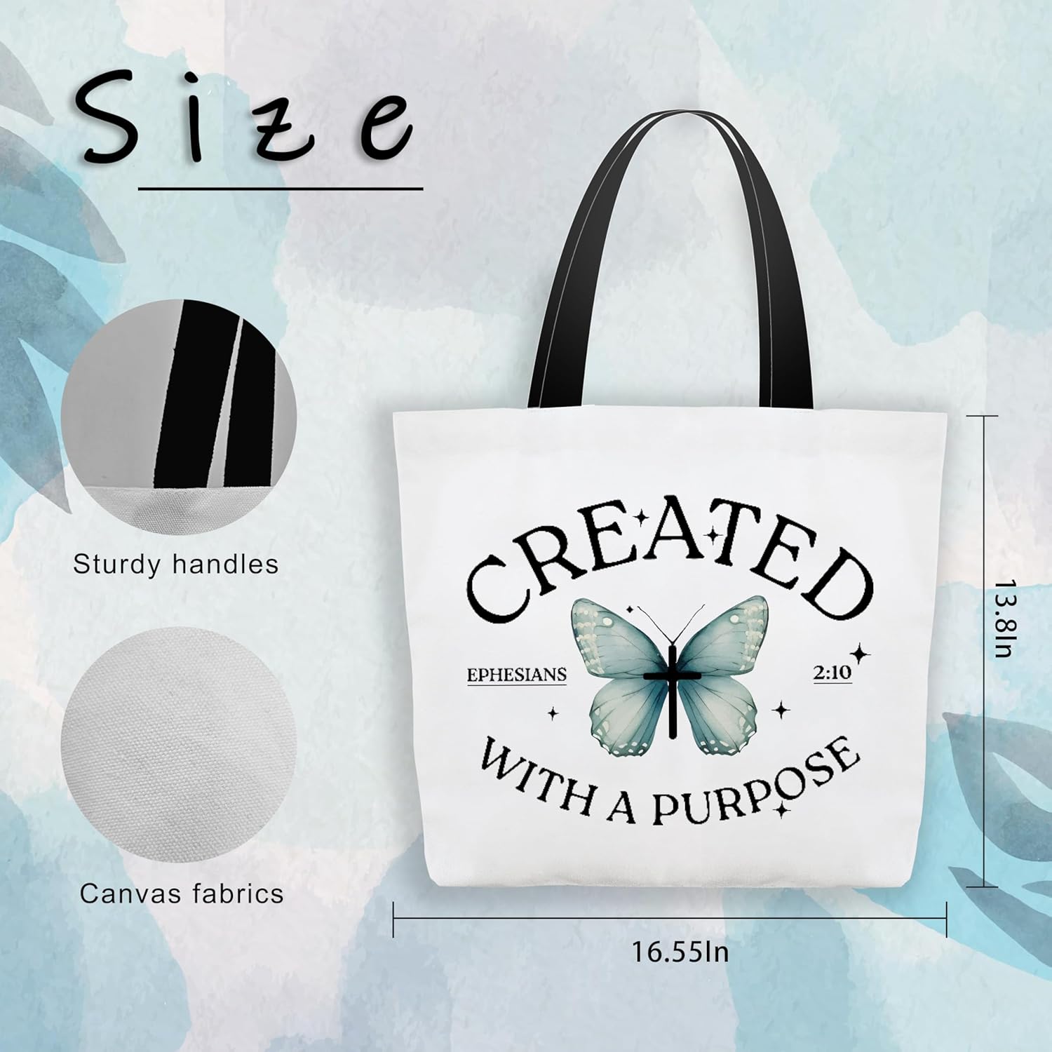 Christian Canvas Tote Bags for Women, Created With A Purpose Themed Bible Verse Shoulder Bags, Inspirational Gift for Women Friends Colleagues, Butterfly Reusable Shopping Bags -18 - Image 3