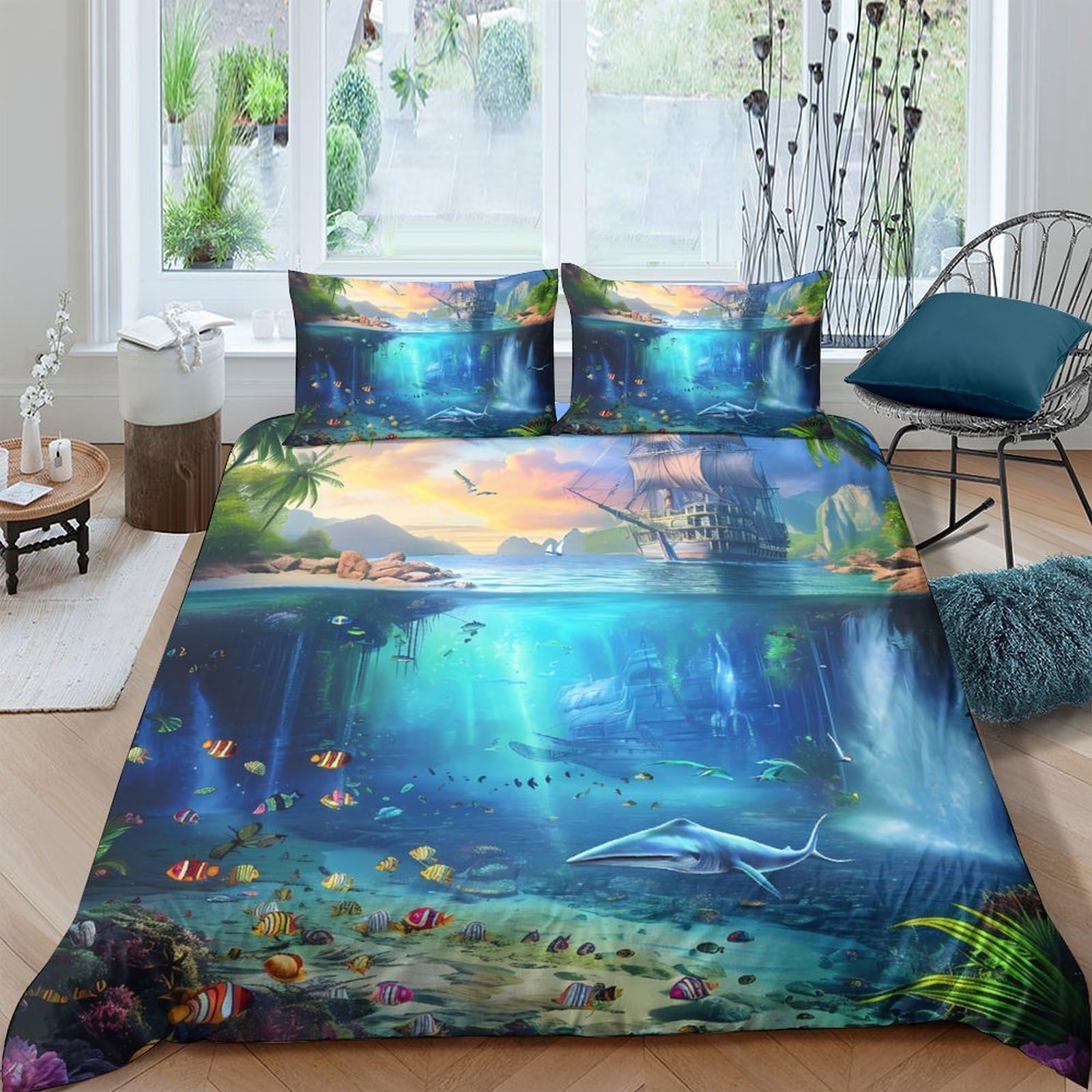 Ctjqhvkz Style-5 3D Printed Ocean Sunset Fitted Sheet Microfiber Soft Fish Reef Mattress Cover For Bedroom Guest Room Easy Care Decor, 116 Single（135X200cm）