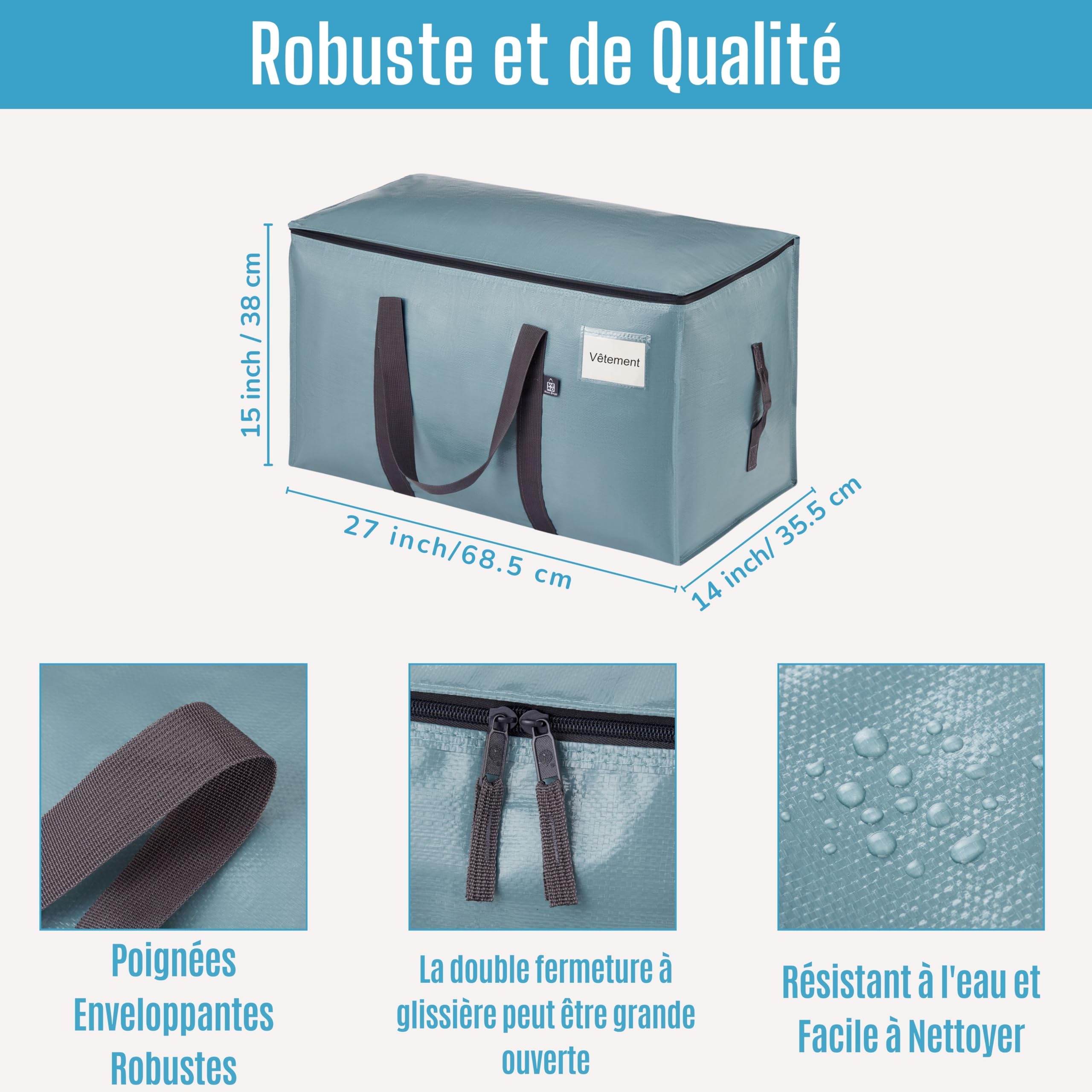 VENO Sac Demenagement Grand Format, Sac de Rangement Vêtement Pliable avec Grande Ouverture Zippée et Poignées Renforcées, Alternative aux Cartons Déménagement (Bleu Clair, Lot de 4)