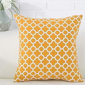 TAOSON Dark Yellow Moroccan Quatrefoil Accent Pattern Cushion Cover Pillow Cover Pillowcase Cotton Canvas Pillow Sofa Throw White Printed with Hidden Zipper Closure Only Cover 18 x 18 Inch/45x45cm