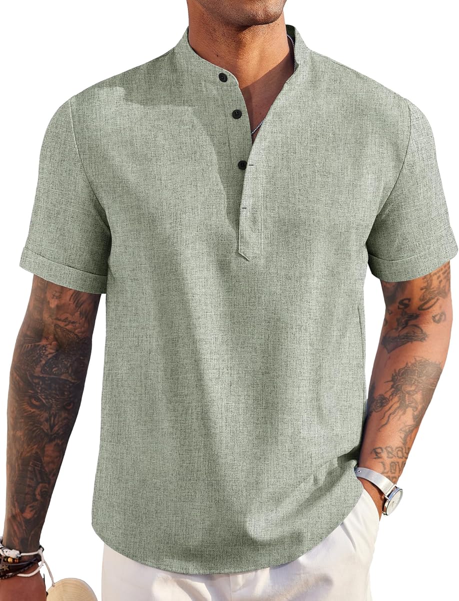 Men's Linen Henley Shirt Short Sleeve Casual Summer Beach Hippie T Shirts